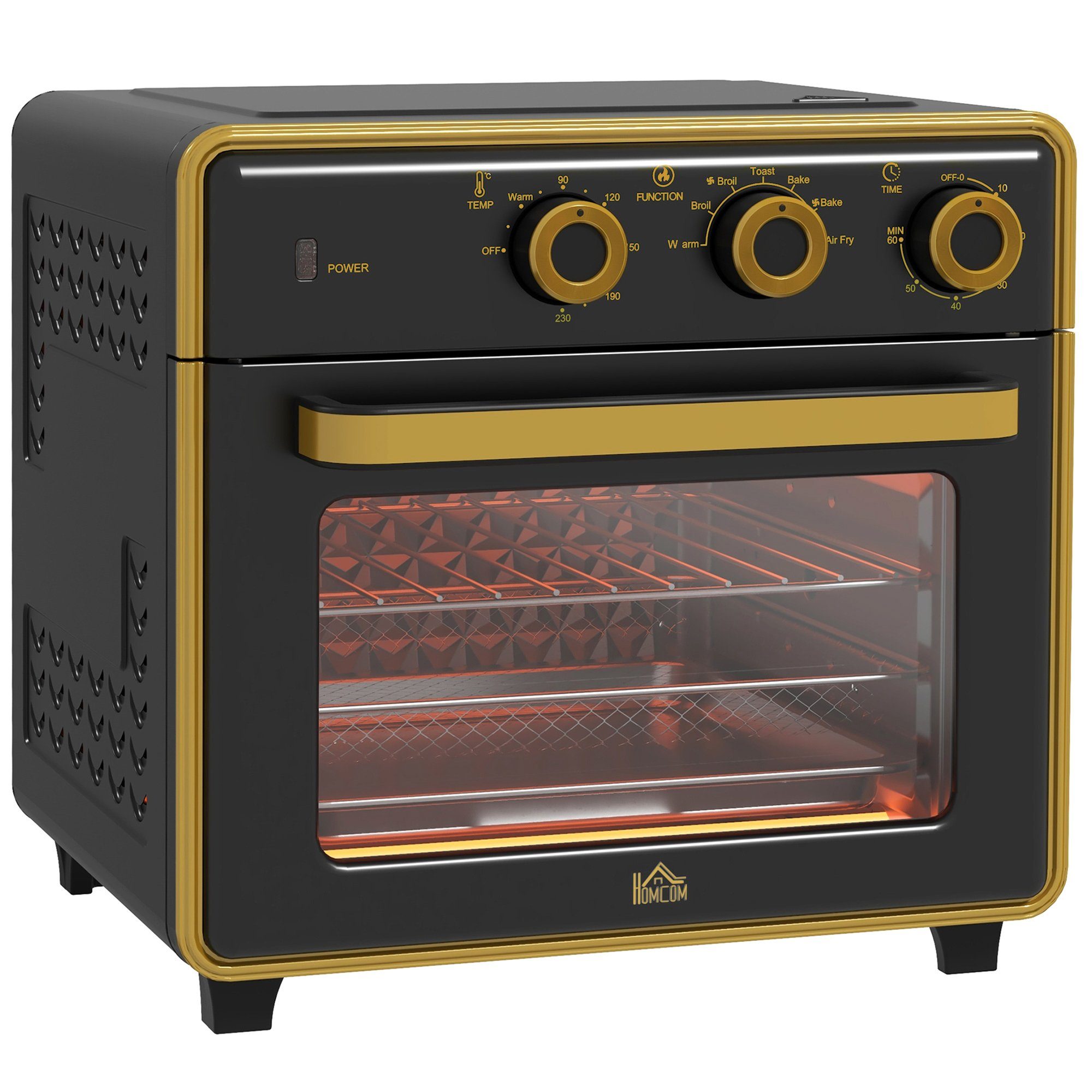 HOMCOM Minibackofen 5 in 1 Pizza-Ofen inkl. Backblech Set, 90-230℃, Schwarz+Gold 36 x 37,7 x 34,5 cm