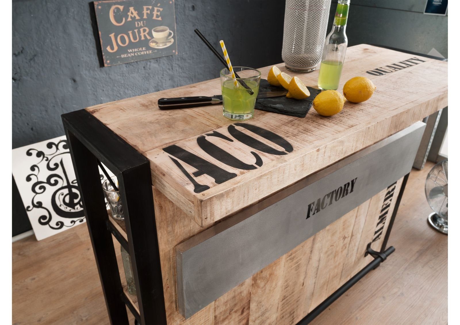 Massivmoebel24 Barschrank FACTORY (Bar Mango 120x45x100 natur bedruckt FACTORY #140) Bar Mango 120x45x100 natur bedruckt FACTORY #140