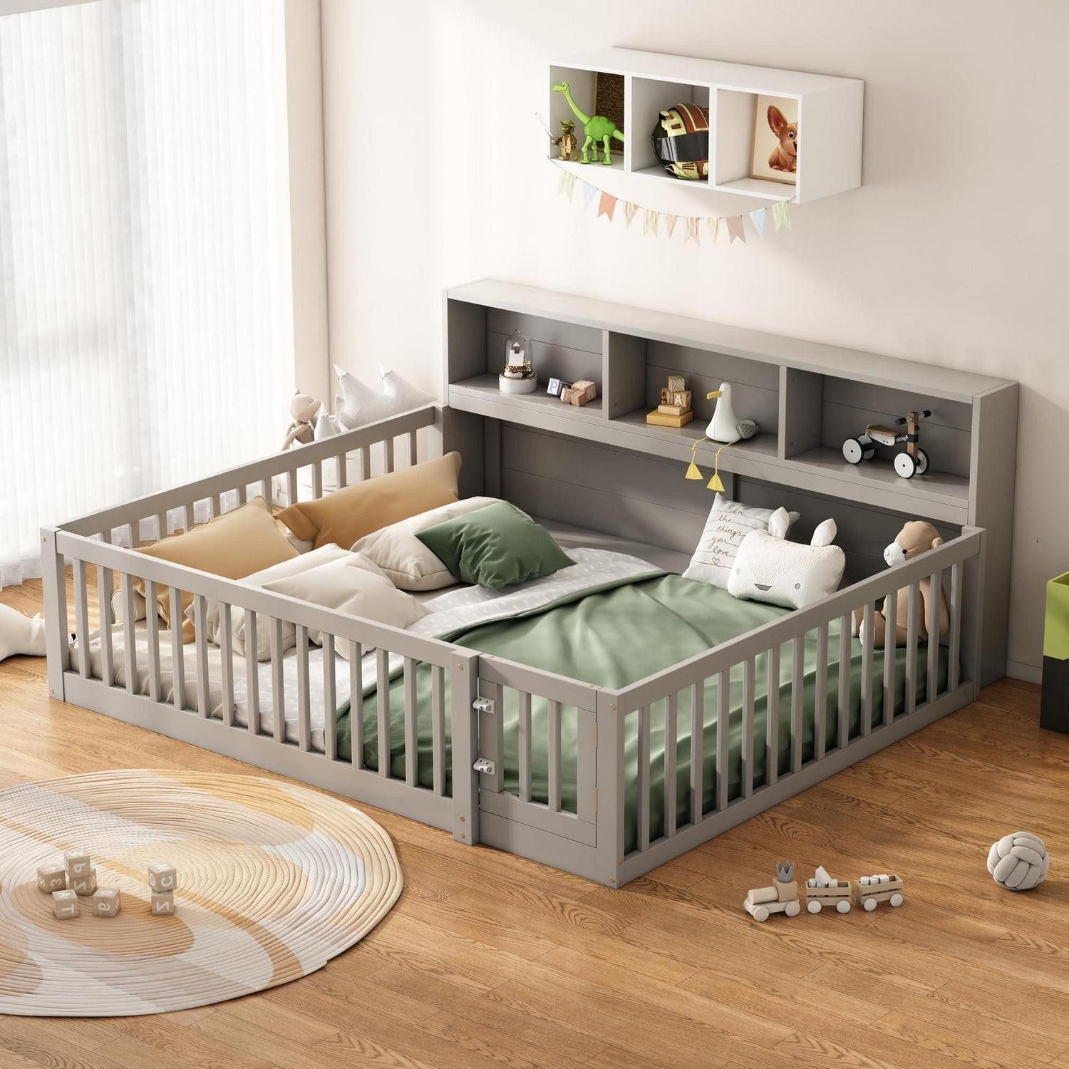 LuxusKollektion Kinderbett Bodenbett Kinder 140x200 Grau-1 mit Staufach
