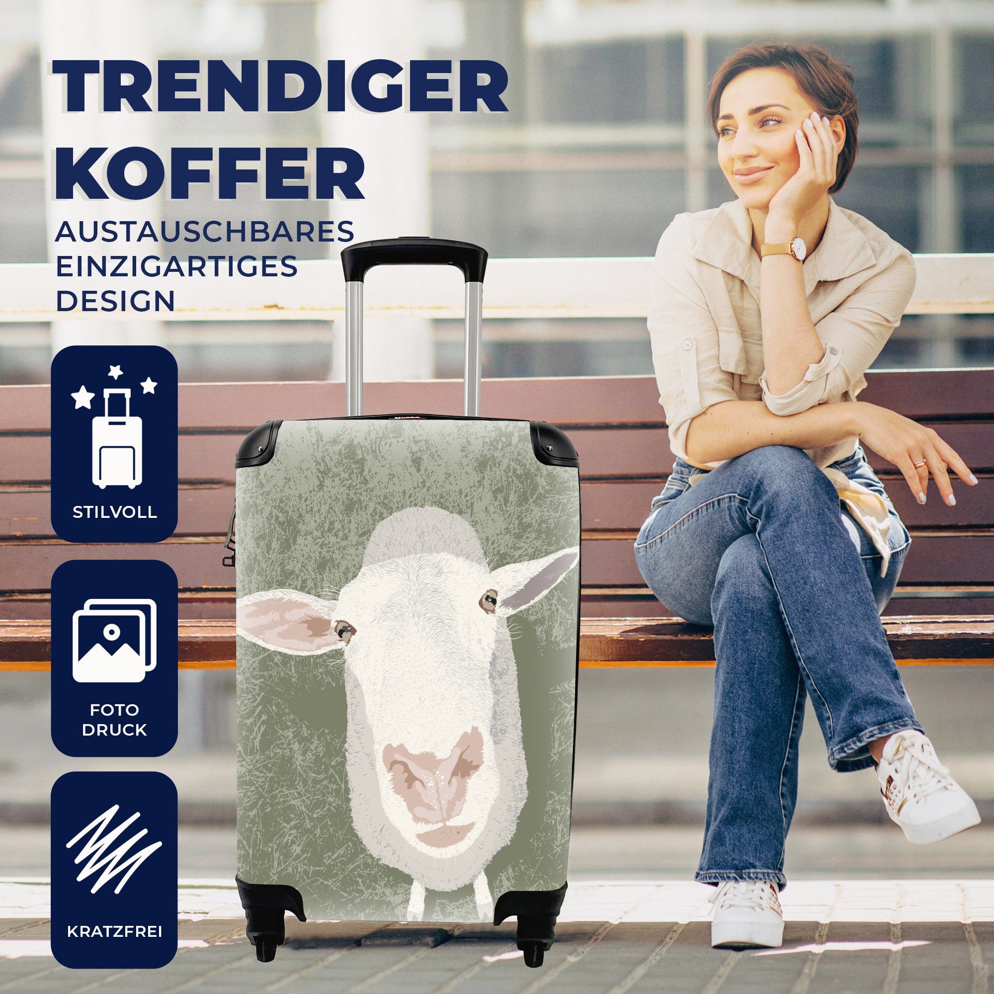 Reisekoffer Handgepäckkoffer für oben Eine Illustration mit rollen, 4 nach eines Schafes, Rollen, das Handgepäck Ferien, Trolley, MuchoWow Reisetasche schaut,