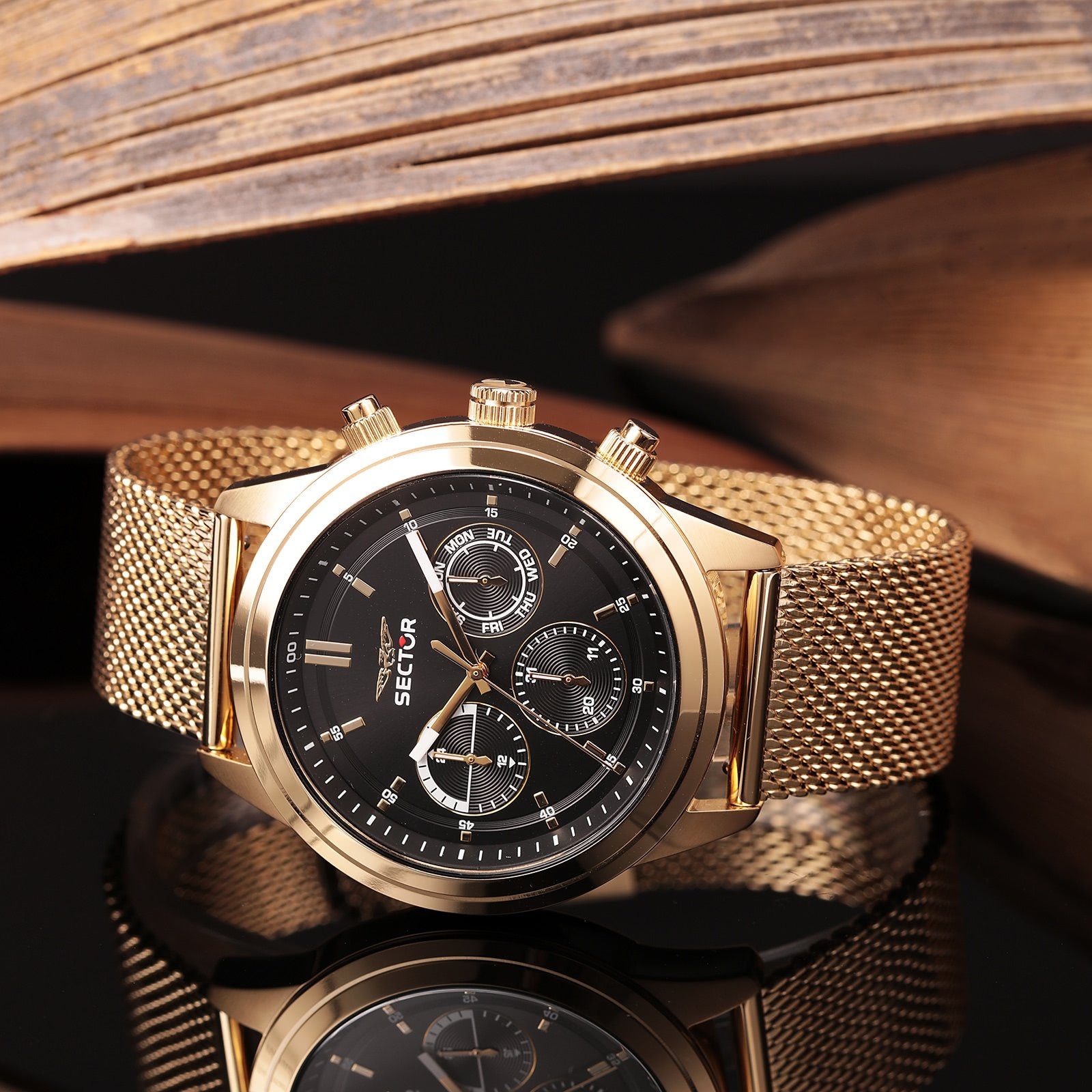 Armbanduhr Multifunktionsuhr Sector Multifunktion, groß Edelstahlarmband rund, gold, Herren Herren Fashion Armbanduhr (43mm), Sector
