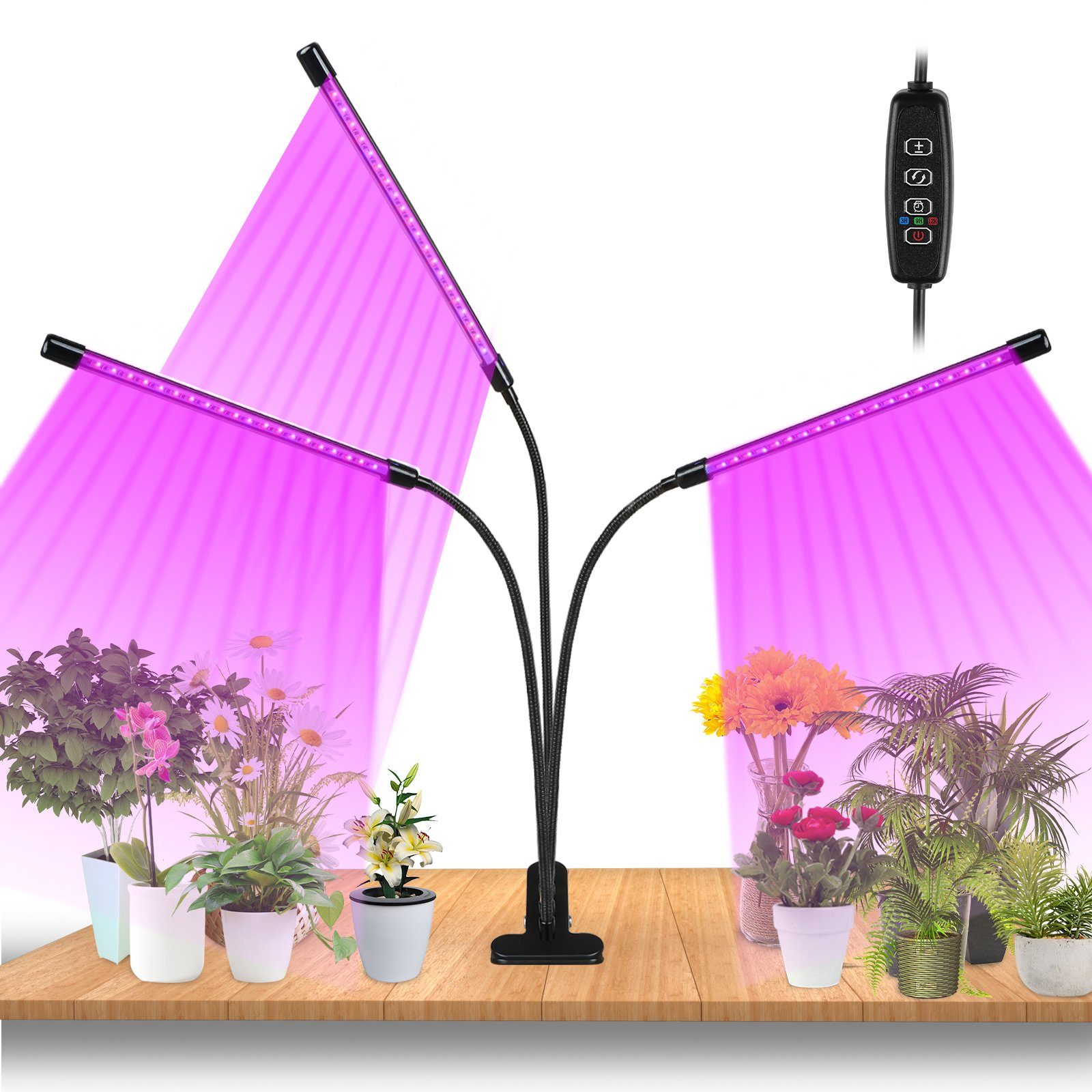 Clanmacy Pflanzenlampe 3 Kopf LED Pflanzenlicht 30W Dimmbar Vollspektrum Wachstumslampe Grow Light mit 3 Licht Modus, 10 Helligkeitsstufen