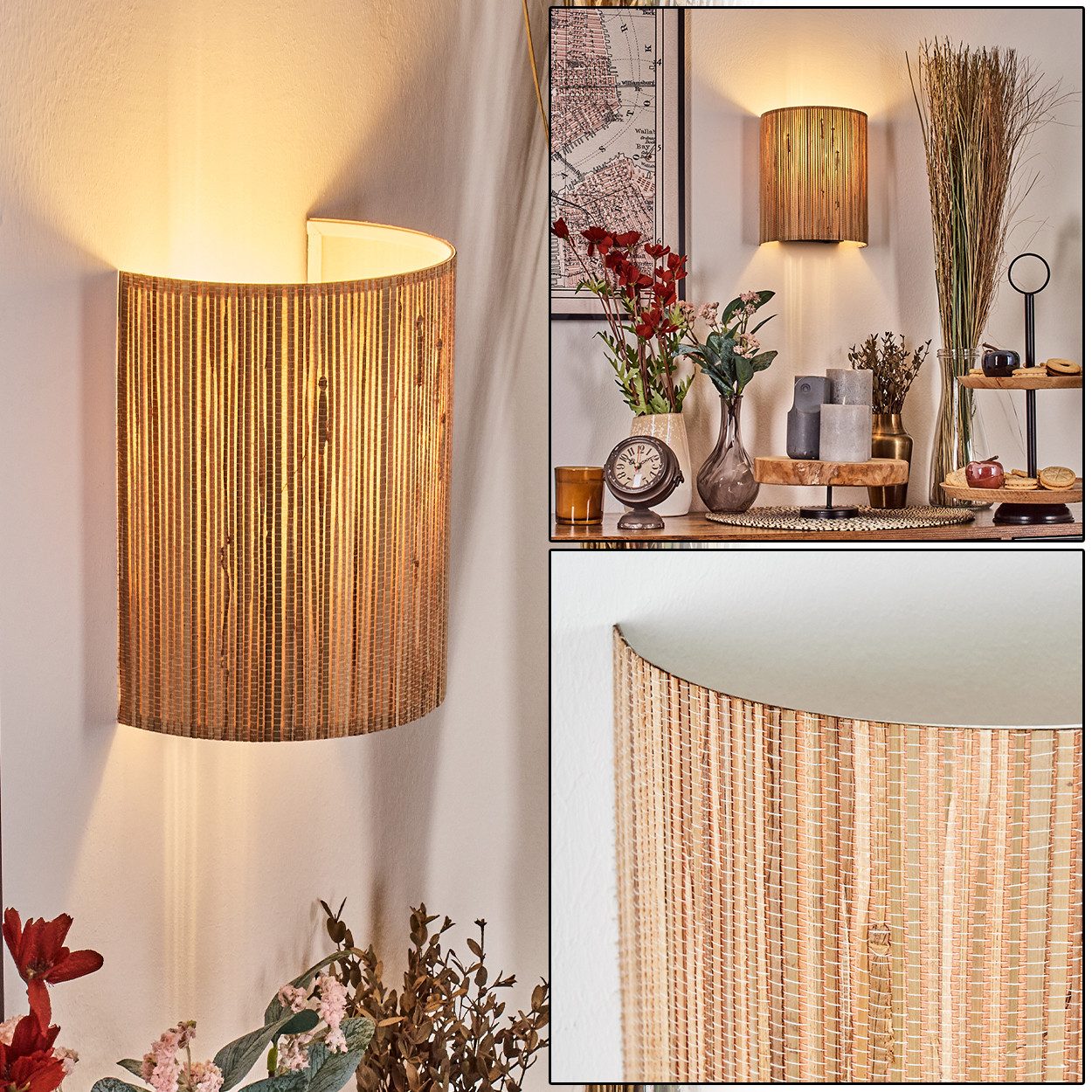 hofstein Wandleuchte Wandlampe aus Metall/Seegras in Schwarz/Weiß/Naturfarben/Orange, Leuchte im Boho-Design mit Lichteffekt und Schalter am Kabel, E27