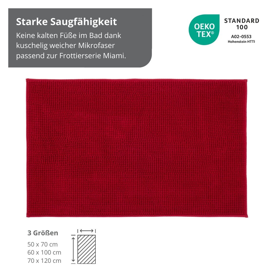 liebling Badematte, Fußbodenheizung geeignet, Polyester, rechteckig, Antirutsch-Beschichtung, sehr Saugfähig, Größe: 70x120 cm, bordeaux