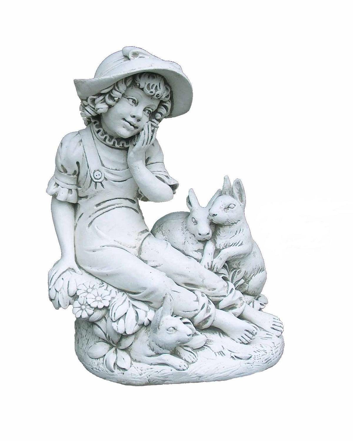 Antikes Wohndesign Gartenfigur Steinfigur Dekofigur Mädchenfigur mit Hasen Kinderfigur Gartenfiguren