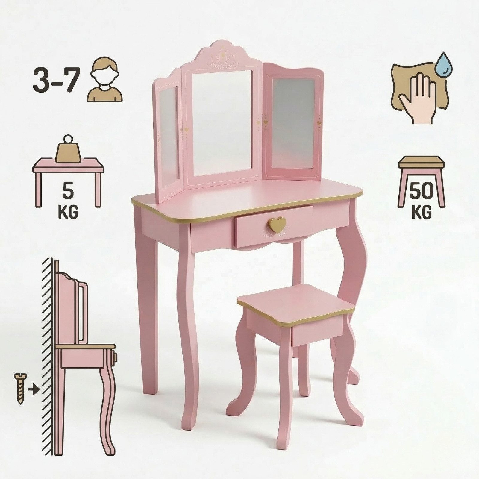 SCENA LIVING Schminktisch Kinderschminktisch REIA, mit Spiegel und Hocker im Set, rosa – Bild 4 von 5