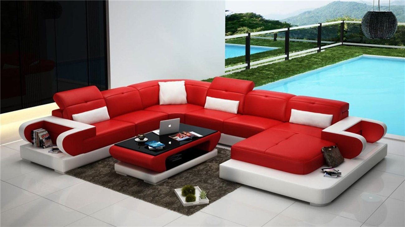 JVmoebel Ecksofa Ledersofa U Form Sofa Wohnlandschaft Beleuchtete Ecksofa Couch, Made in Europe Rot