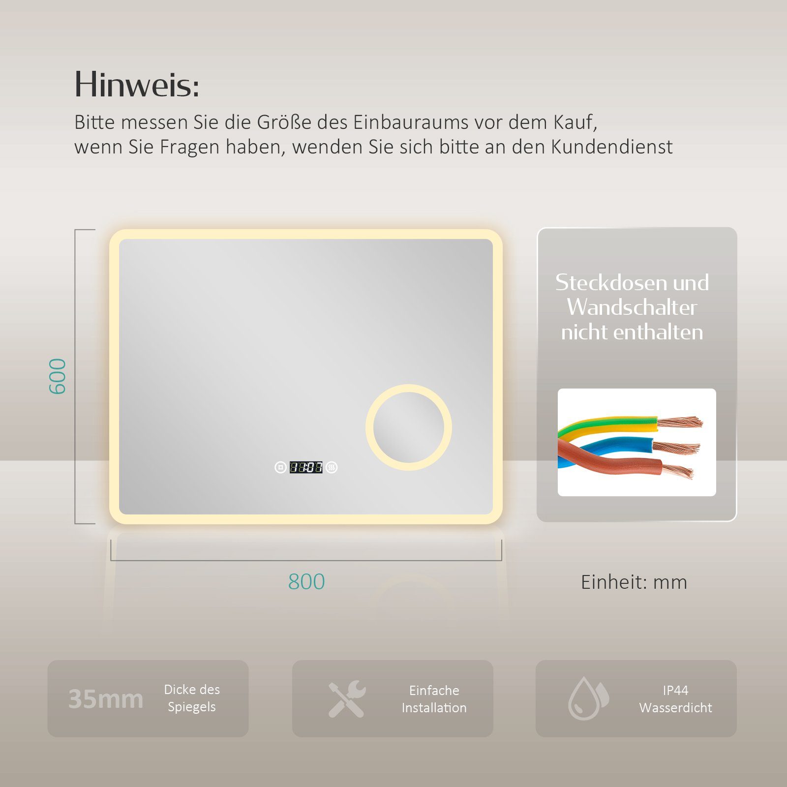 EMKE Badspiegel LED-Beleuchtung wandspiegel mit Kosmetikspiegel, Antibeschlag, dimmbar (Breite: 80~100cm, Touchschalter), Beschlagfrei, Uhr, 3 Lichtfarben, Dimmbar, Memory Funktion, IP44