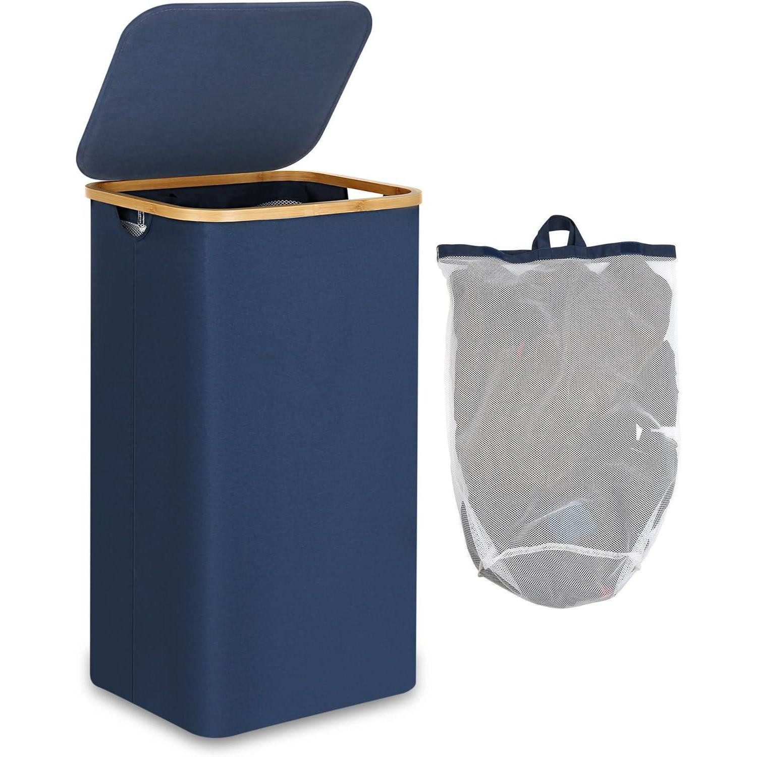 LuxusKollektion Wäschekorb Wäschekorb Blau 100 Liter Bambus Deckel Henkel XXL faltbar