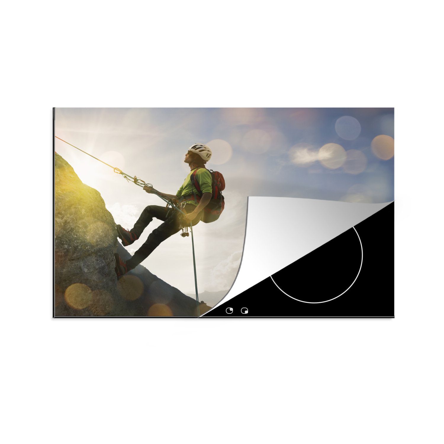 MuchoWow Herdblende-/Abdeckplatte Bergsteiger besteigt steile Bergwand, Vinyl, (1 tlg), 81x52 cm, Induktionskochfeld Schutz für die küche, Ceranfeldabdeckung