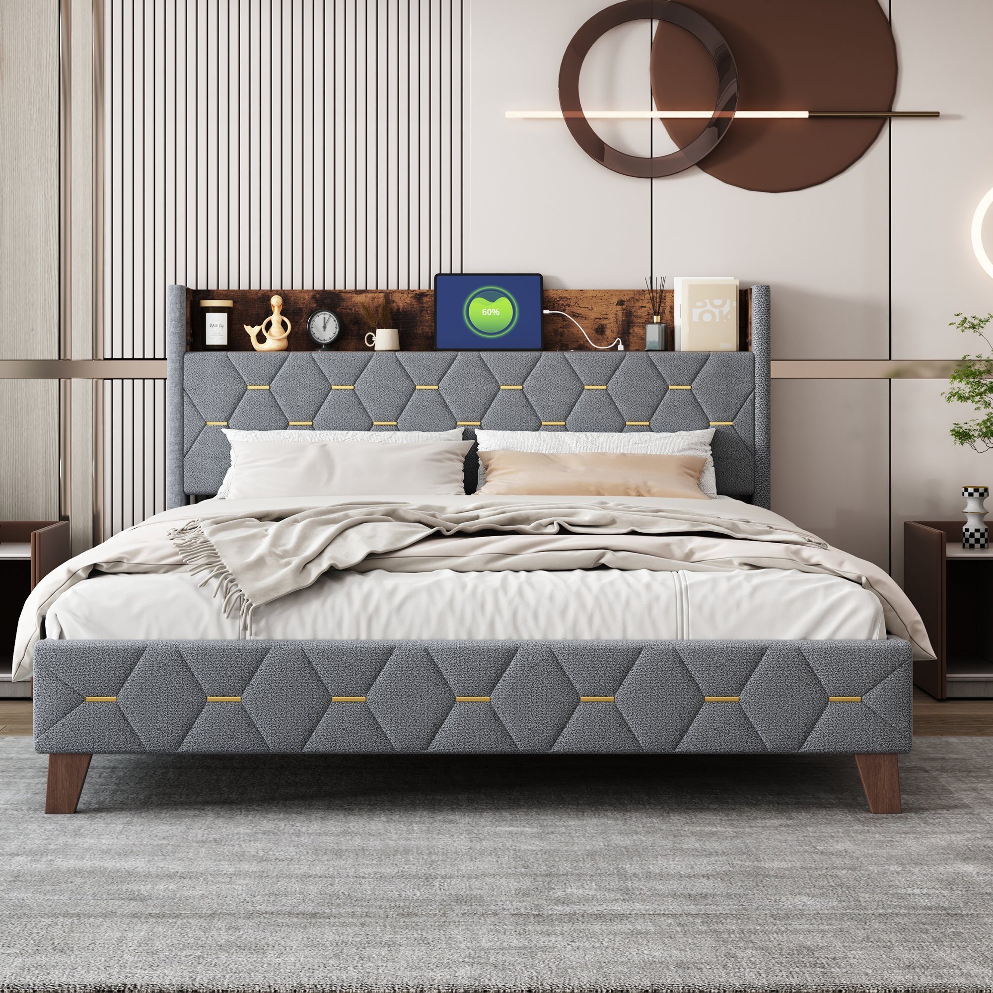 Polsterbett (Doppelbett 160x200cm mit Lattenrost), mit Stauraum am Kopfteil und USB-Anschluss, Bezug aus Samt