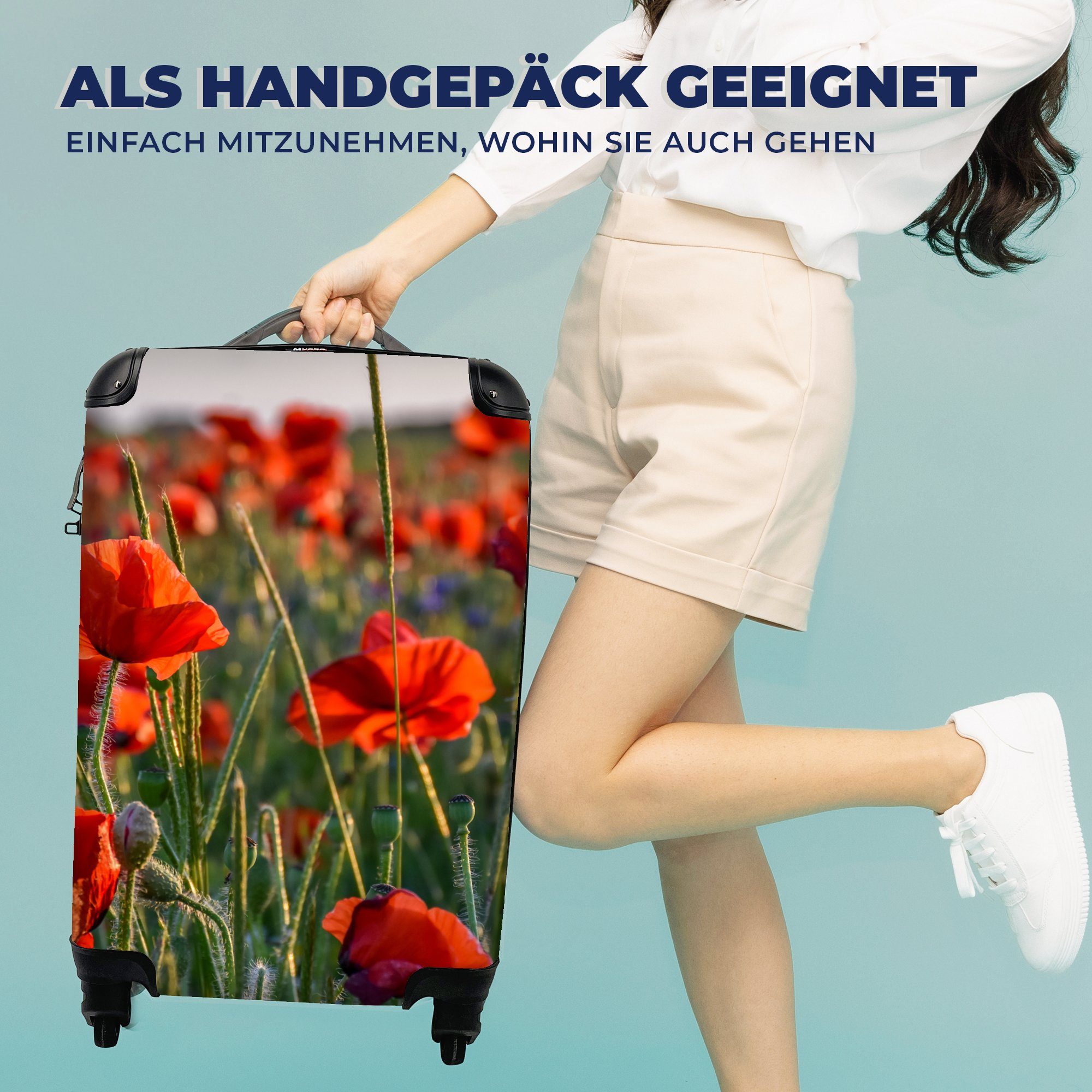 Reisetasche für - Reisekoffer Mohnblumen Natur Blumen mit Trolley, Rot, Rollen, Handgepäckkoffer - Ferien, rollen, 4 MuchoWow - Handgepäck