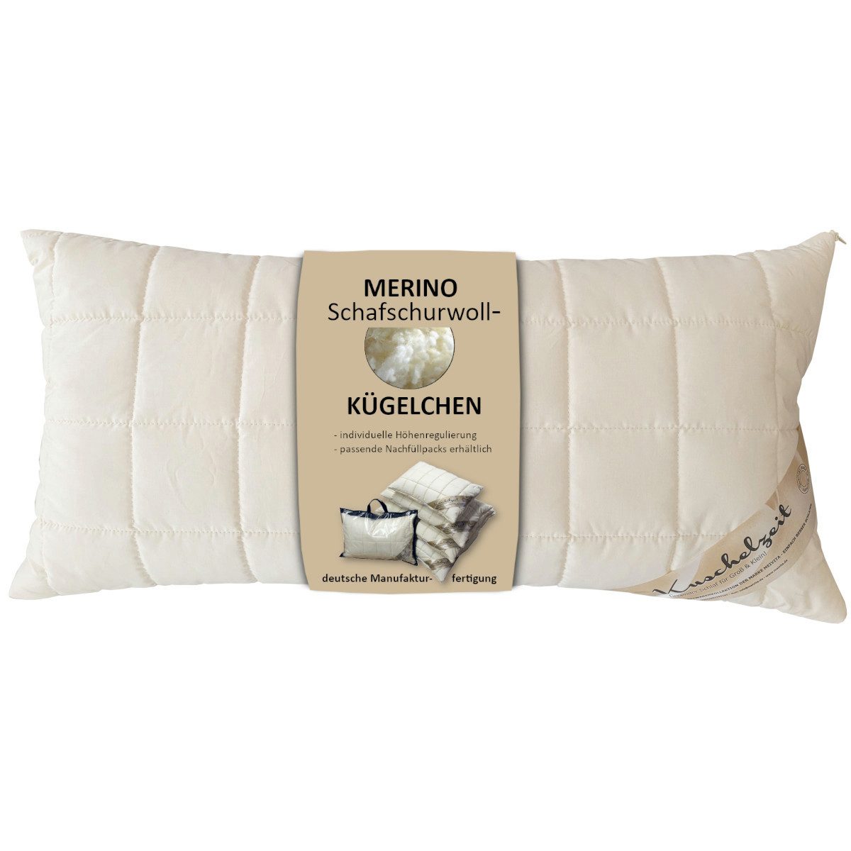 Meivita Naturhaarkissen Merino Kopfkissen mit Schafschurwollkugeln, Füllung: 100% Wolle (Schurwollkügelchen), Bezug: 100% Baumwolle untersteppt mit 100% Wolle (Merino Schafschurwollvlies), Rückenschläfer, Seitenschläfer, Bauchschläfer, Kissen Hergestellt in Deutschland