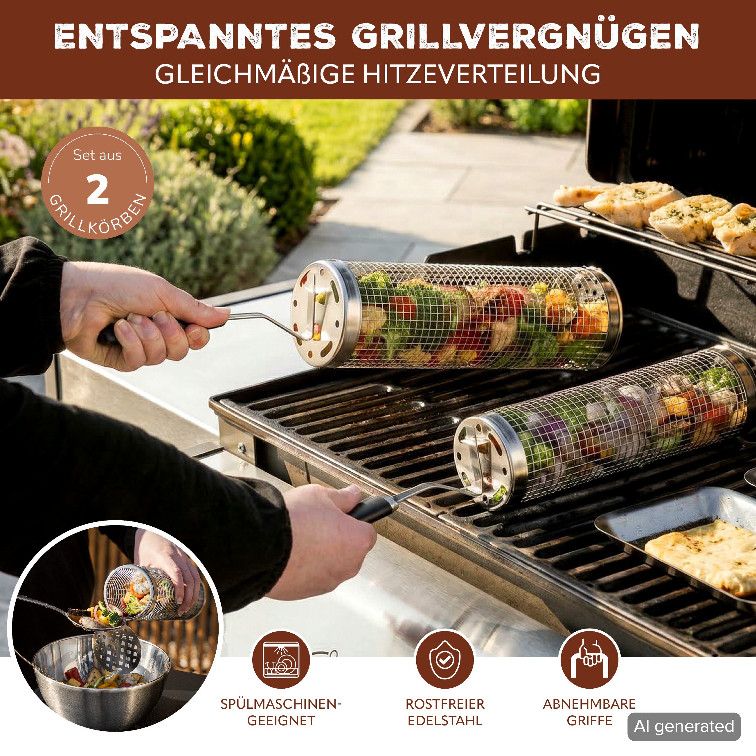 eluno Grillplatte Grillkörbe 2er Set aus Edelstahl (2-St., unterschiedliche Größen), abnehmbare Griffe – Bild 2 von 5
