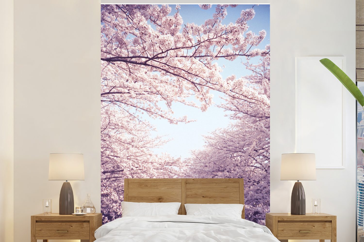 MuchoWow Fototapete Bild der vielen Sakura-Bäume mit hellblauem Himmel, Matt, bedruckt, (3 St), Montagefertig Vinyl Tapete für Wohnzimmer, Wandtapete