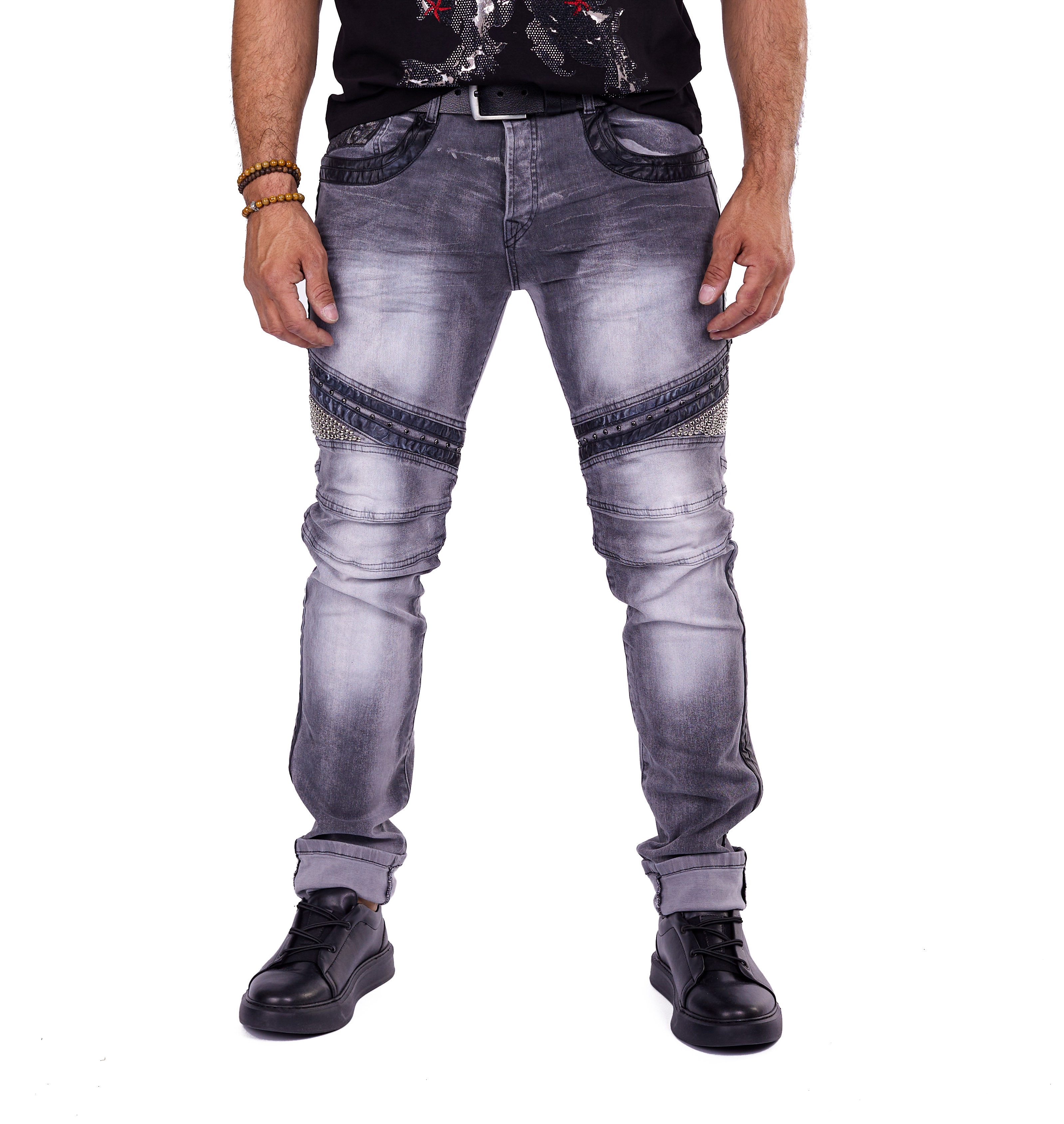 Regular-fit-Jeans Herren Biker Designer Jeans von KINGZ Grau W38/L34