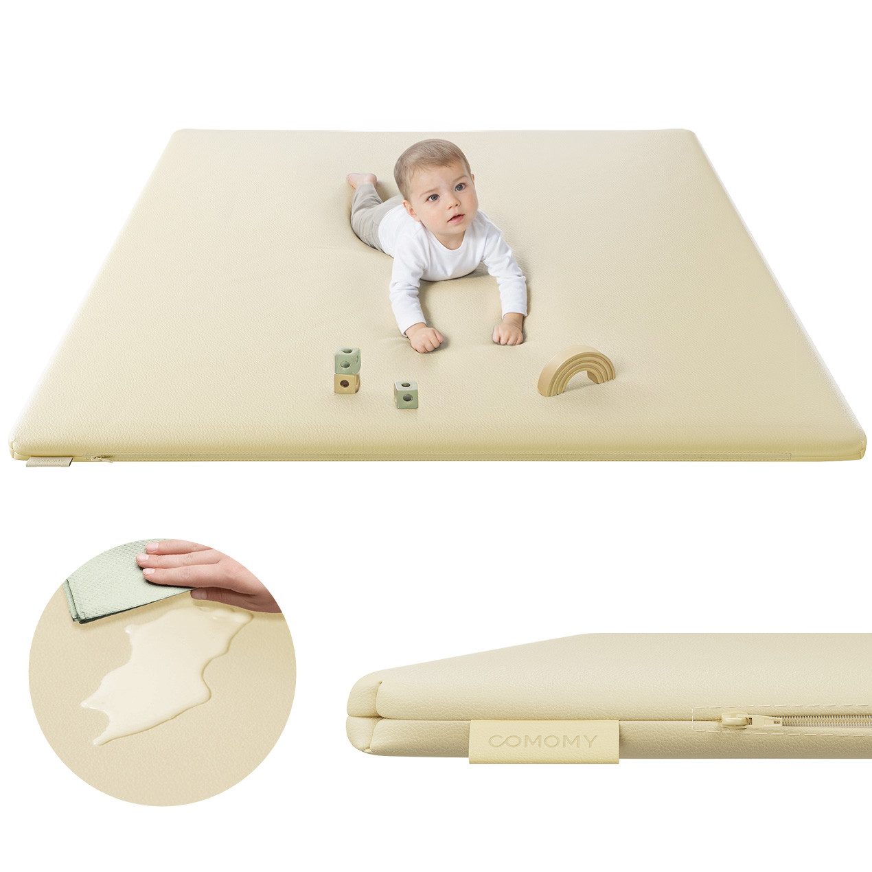Comomy Spielmatte Ultraweiche Baby Krabbelmatte Laufstallmatte Kunstleder 127x127cm (3cm dicke Memory-Schaumstoffmatte, für Krabbeln & Bauchlage), Wasserdicht, Rutschfest