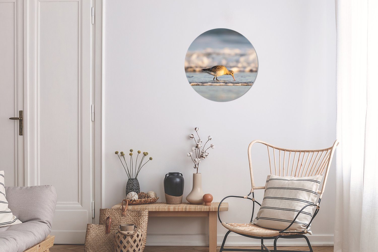 MuchoWow Gemälde Uferschnepfe am rollenden Wohnzimmer, cm Forex, Wanddekoration Kreis (1 Rundes 30x30 St), Meer, Wandbild