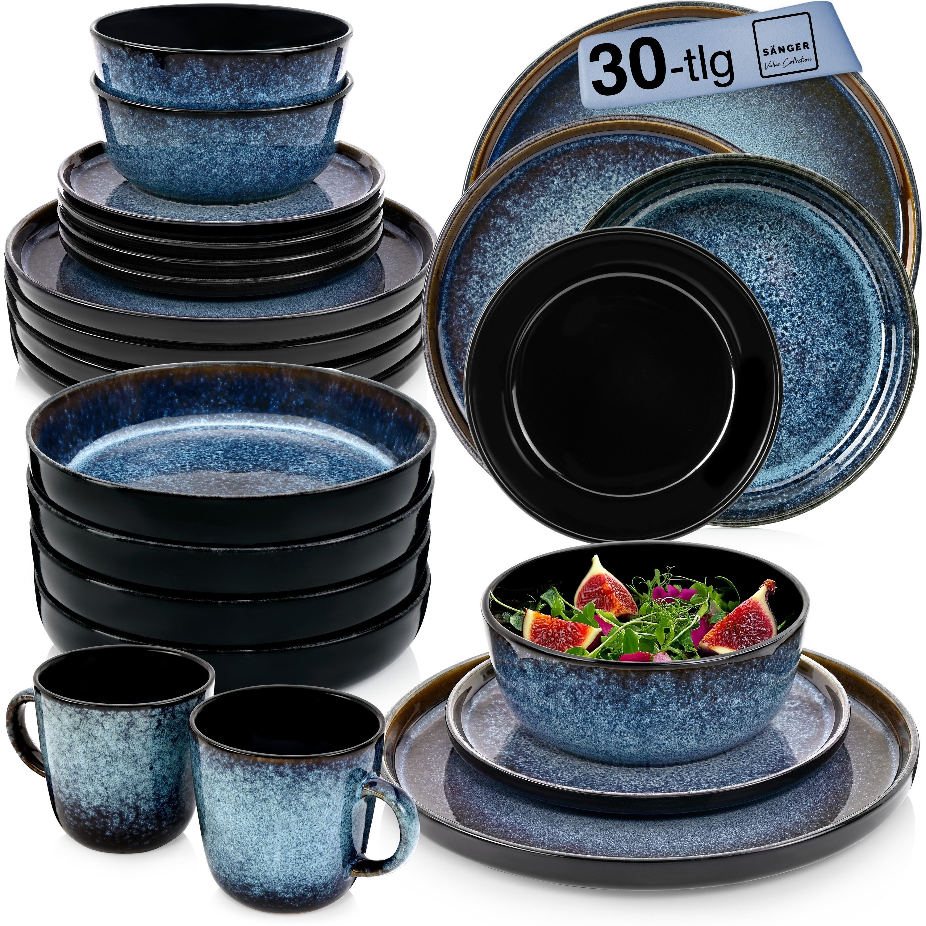 SÄNGER Geschirr-Set Osaka Blau mit schwarzem Rand (30-tlg), 6 Personen, Steingut, Kombiservice, Handmade, Erweiterbar, VALUE COLLECTION