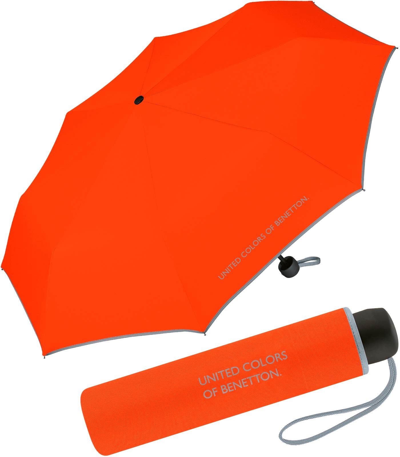 mit Saum Super uni, - Benetton orange-grau Colors of kontrastreichem Taschenregenschirm Modefarben Mini leuchtende United