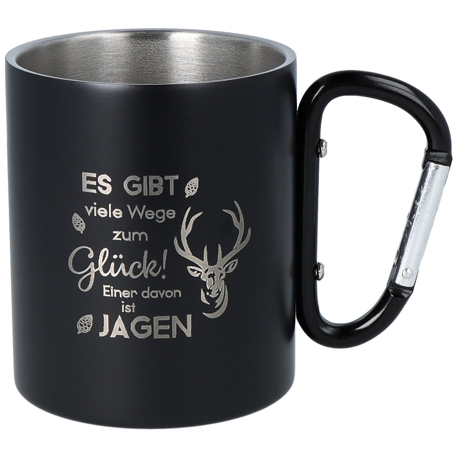 Spruchreif® Tasse Doppelwand Edelstahltasse mit Karabinerhaken & Gravur, Jagdgeschenk