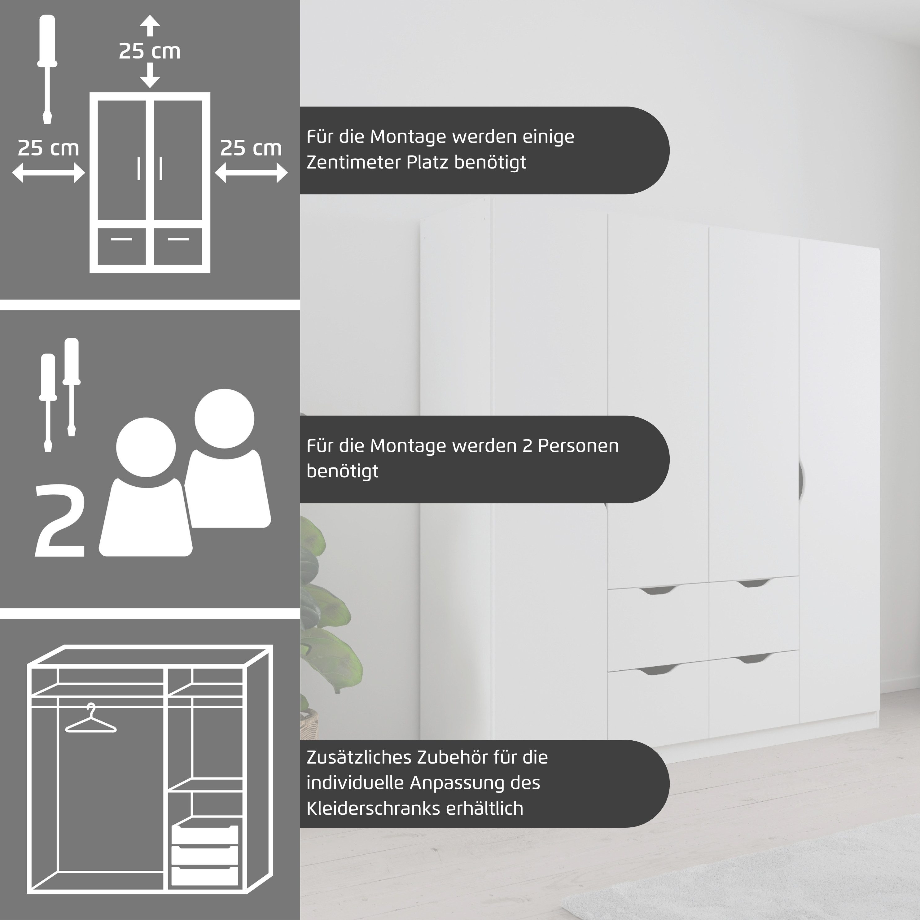 rauch Kleiderschrank Freiham Kleiderschrank Garderobenschrank Nischenlösung mit Spiegel und Schubkästen, Griffmulden, Schlafzimmerschrank Schrank – Bild 4 von 5
