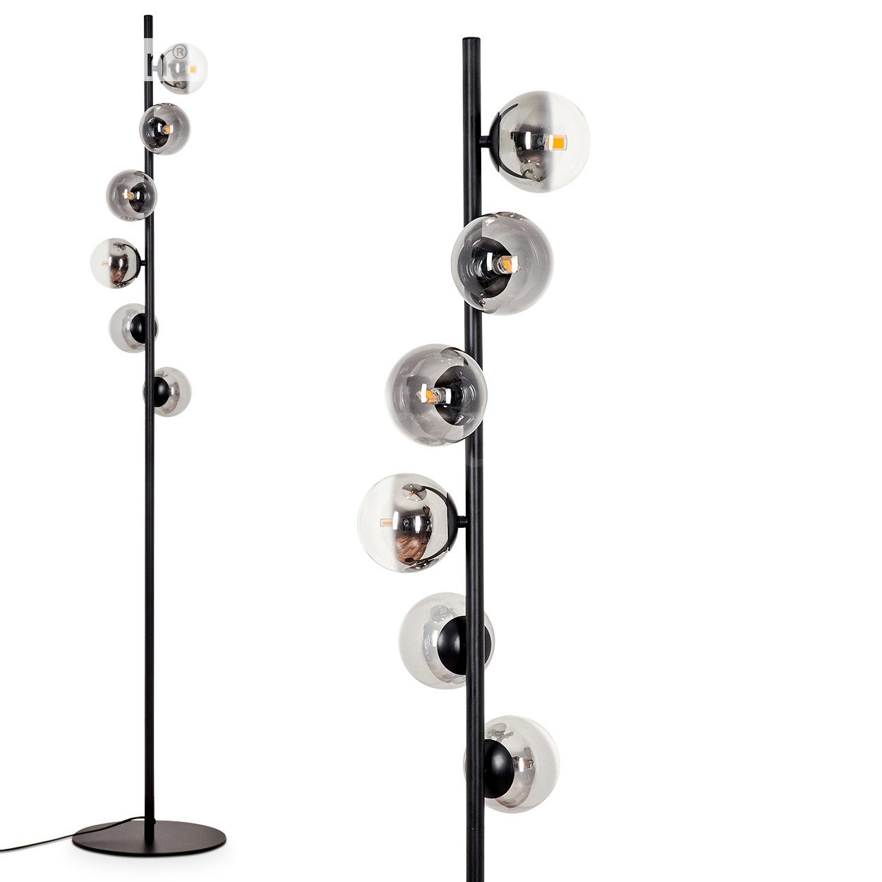 Stehlampe Stehlampe aus Metall/Glas in Schwarz/Rauchfarben/Klar