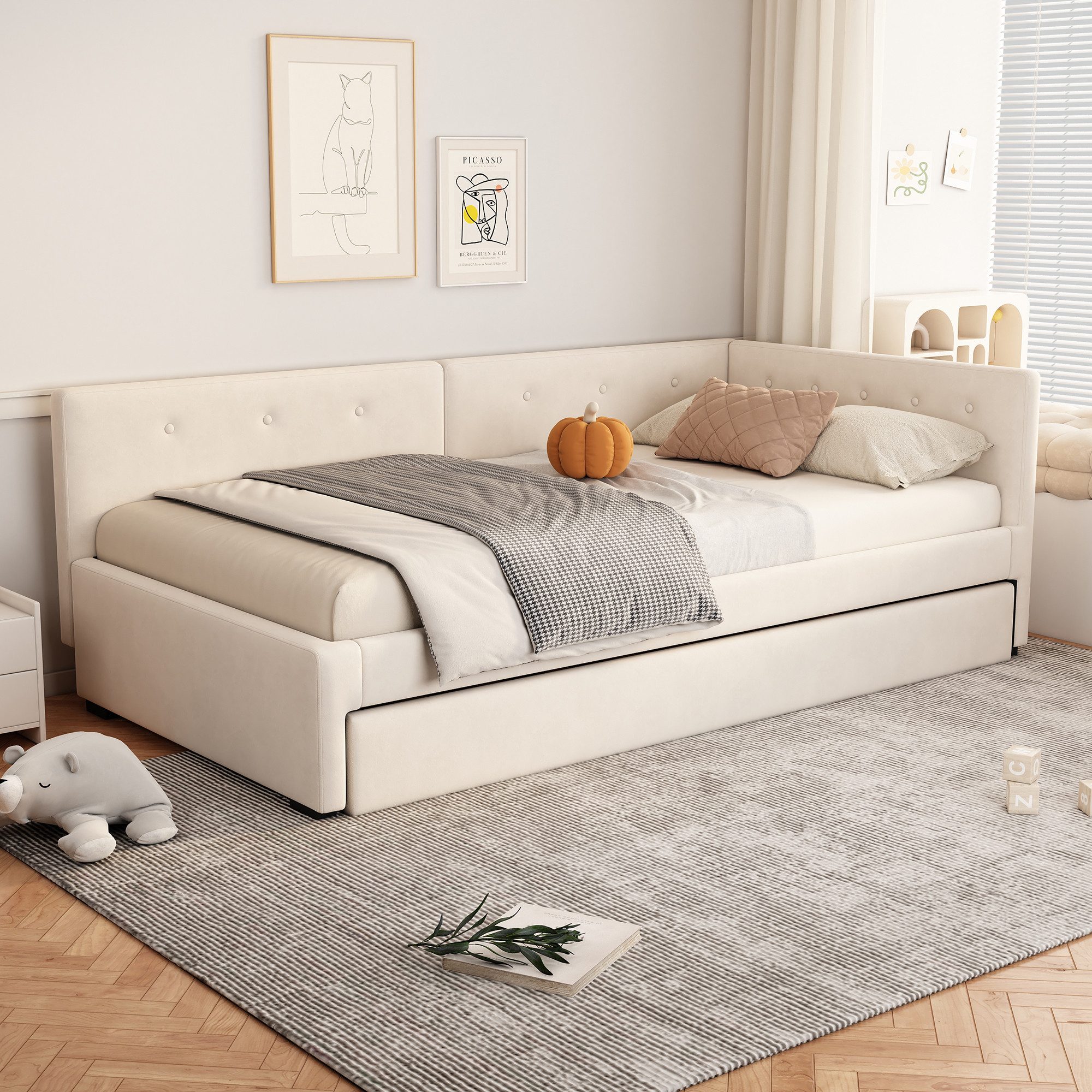 STILVORA Schlafsofa mit bettfunktion,Polsterbett 90x200,Tagesbett ausziehbar, Bettgestell aus Holz, minimalistisches Styling, Ohne Matratze