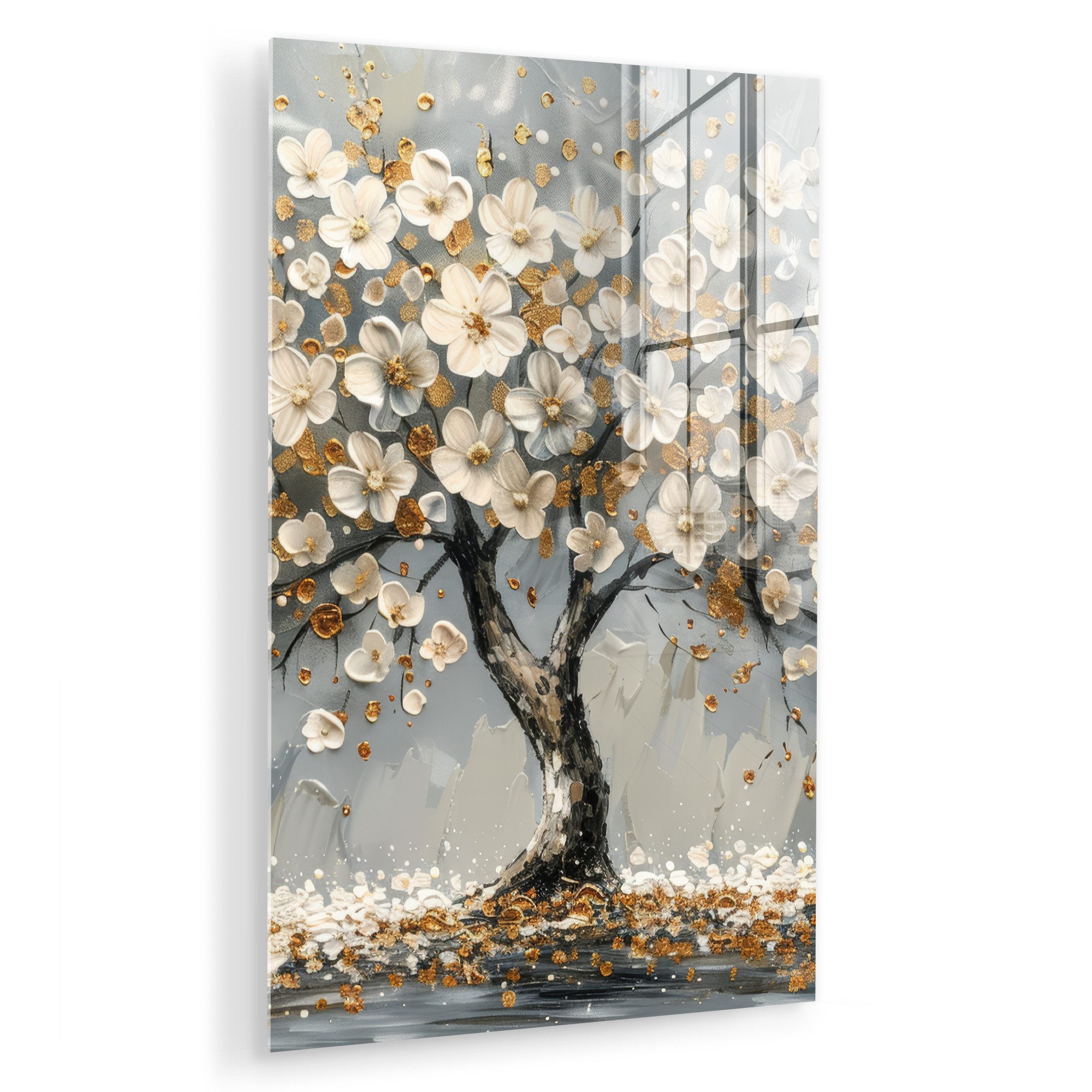 MuchoWow Acrylglasbild Baum - Gold - Blumen - Abstrakt - Kunst, Inkl. Aufhängung, Dekorative Bild für Küche & Wohnzimmer auf Glas, 20x30 cm