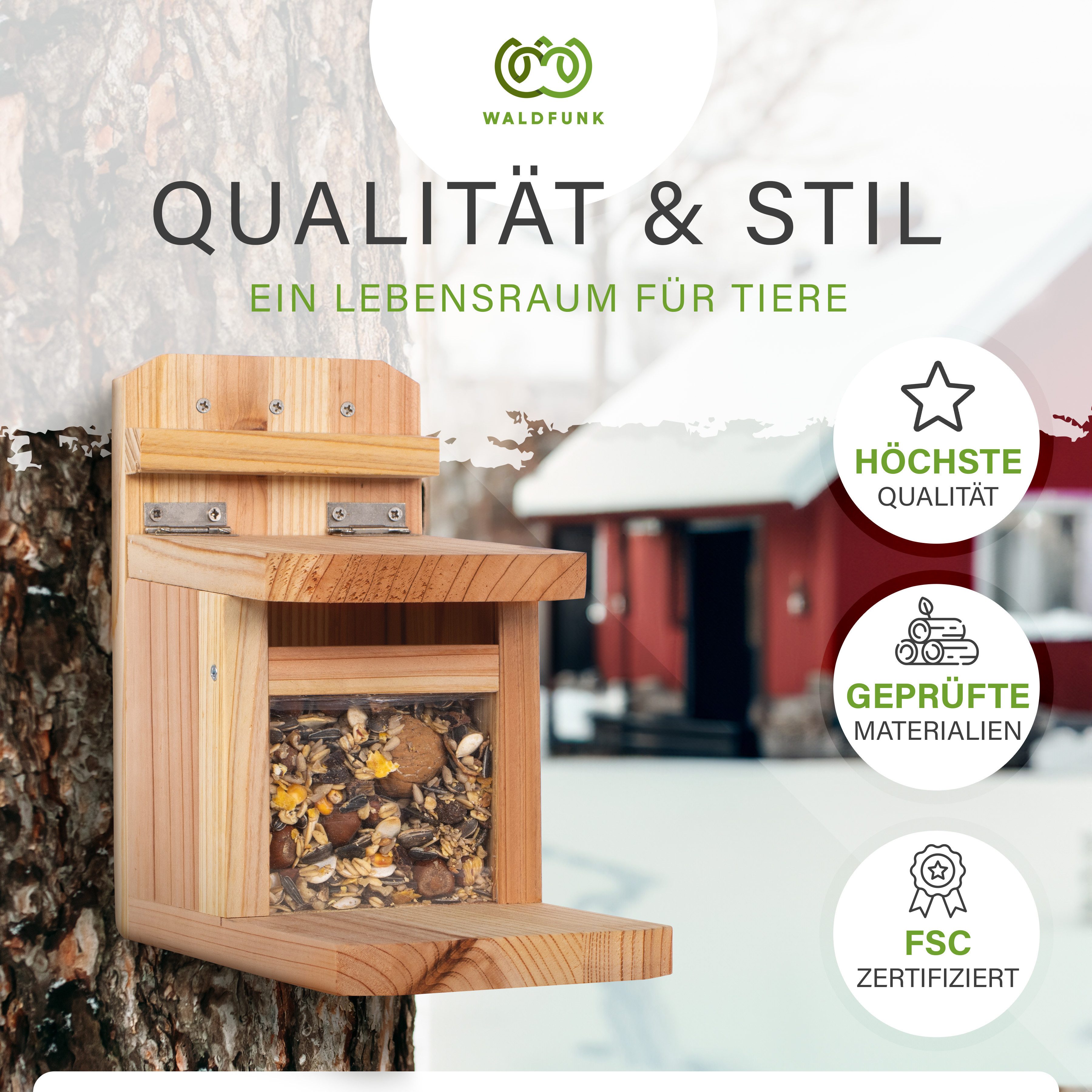 Waldfunk Futterstation Eichhörnchen Wetterfestes Futterhaus, Holz, 23 x 13 x 23 cm