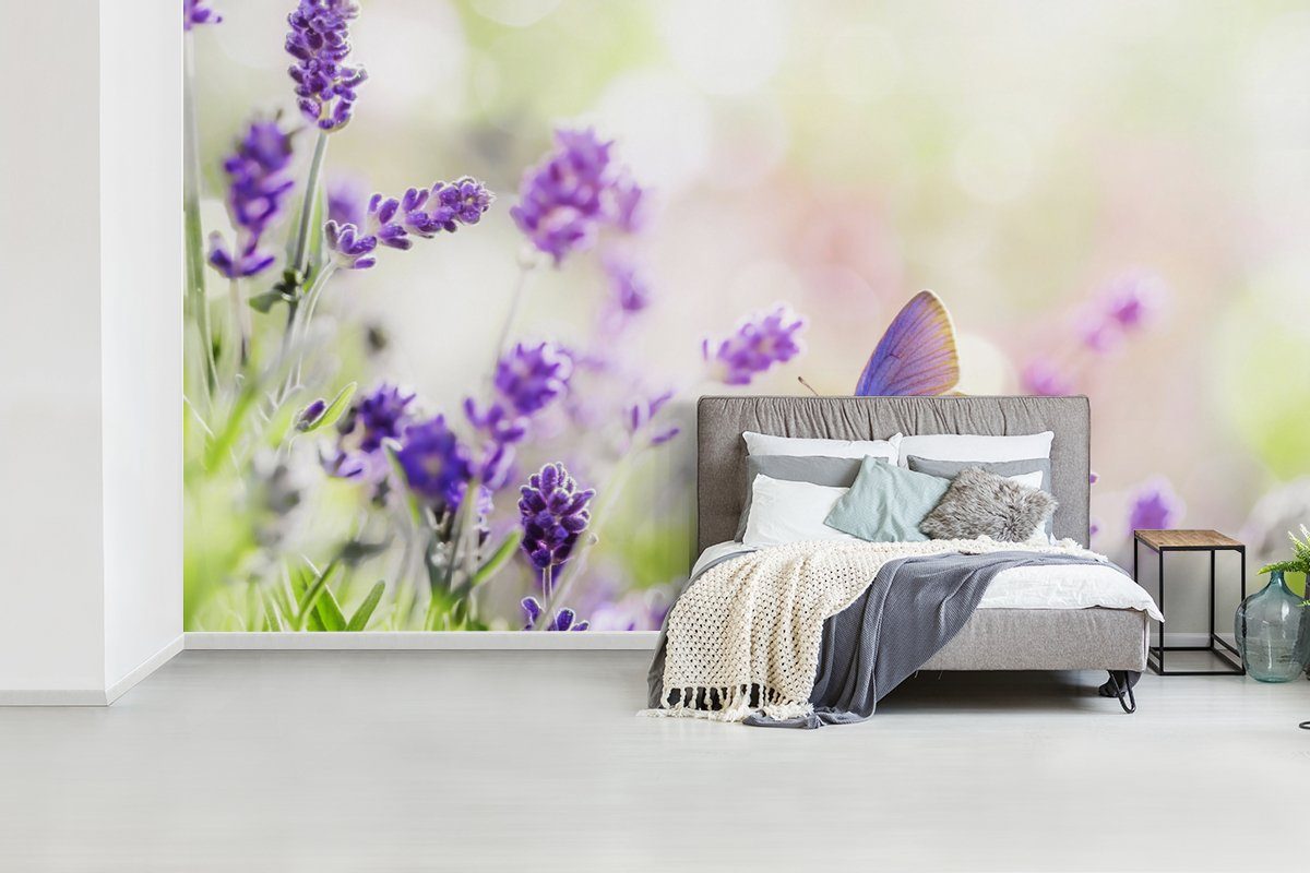 - Natur, bedruckt, Fototapete Wohnzimmer Lavendel Schmetterling Vliestapete - Matt, Küche, (7 Blumen MuchoWow - Fototapete Schlafzimmer St), für