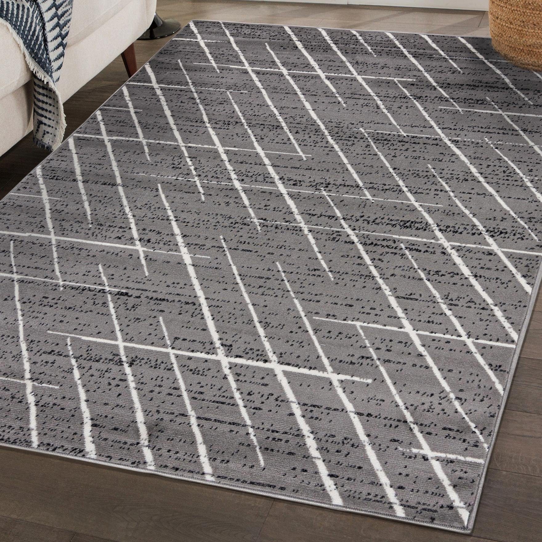 Designteppich Modern Teppich Geometrisch Grau - Weich, Pflegeleich, Mazovia, 80 x 150 cm, Geeignet für Fußbodenheizung, Höhe 7 mm, Kurzflor Grau 2