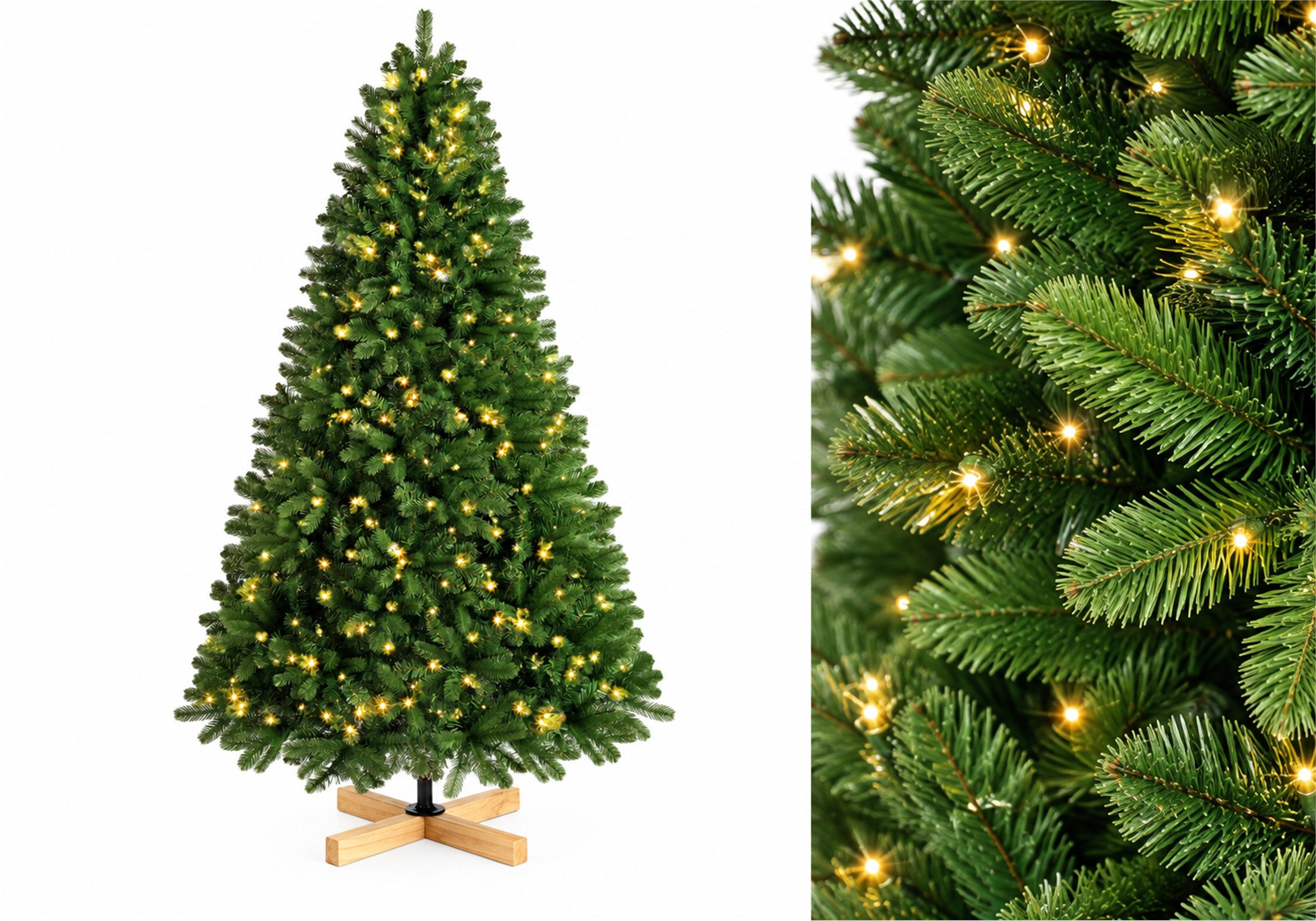 Vankel Künstlicher Weihnachtsbaum mit Beleuchtung, Holzständer, dichter Tannenbaum, grüne Weihnachtsdeko, Dichter Tannenbaum in Grün mit dekorativem Holzfuß und warmem Licht