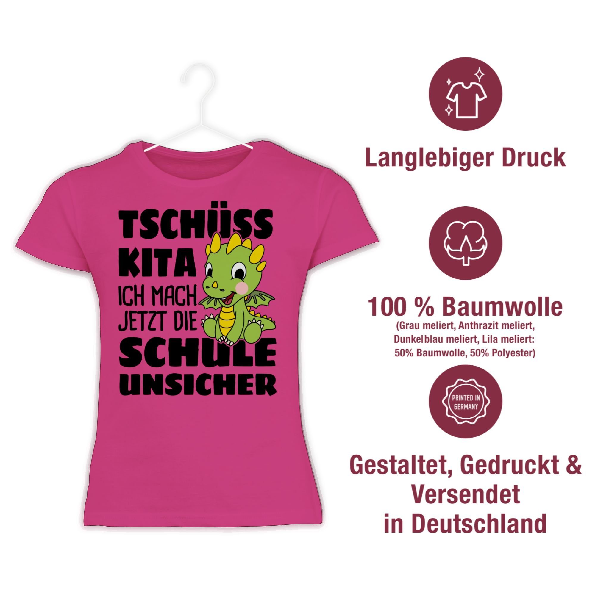 Shirtracer T-Shirt Tschüss Kita ich mach jetzt die Schule unsicher! Mit grünem Drachen Einschulung Mädchen