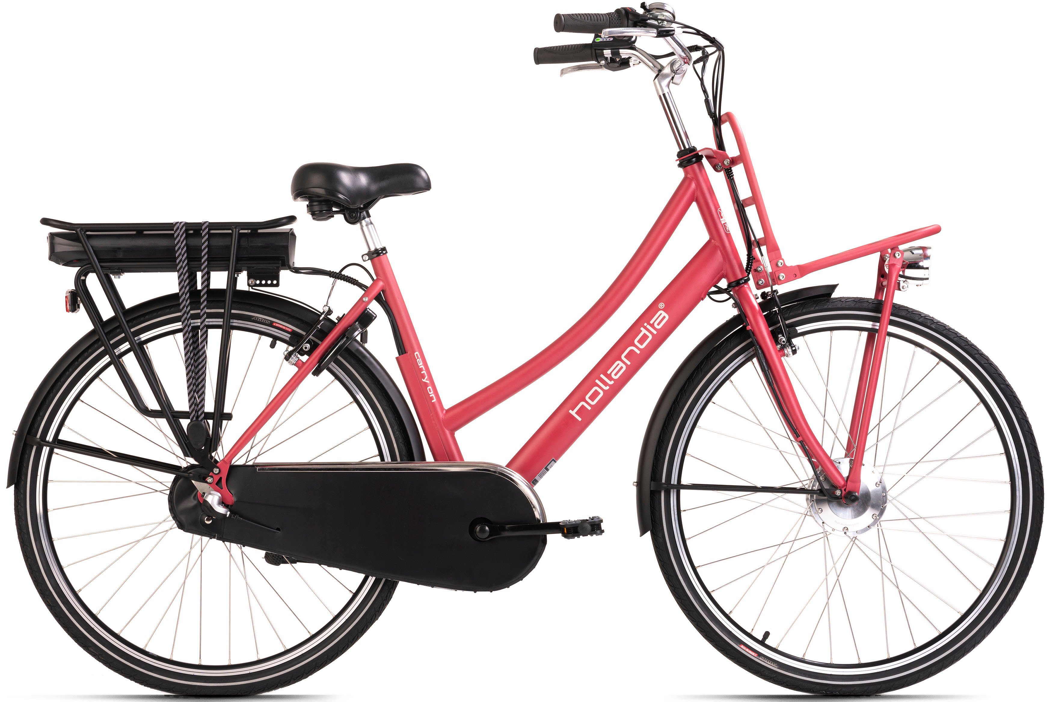 Hollandia E-Bike Cityrad Carry On, 3 Gang Shimano Nexus Schaltwerk, Nabenschaltung, Frontmotor, 468 Wh, Pedelec, Elektrofahrrad für Damen u. Herren