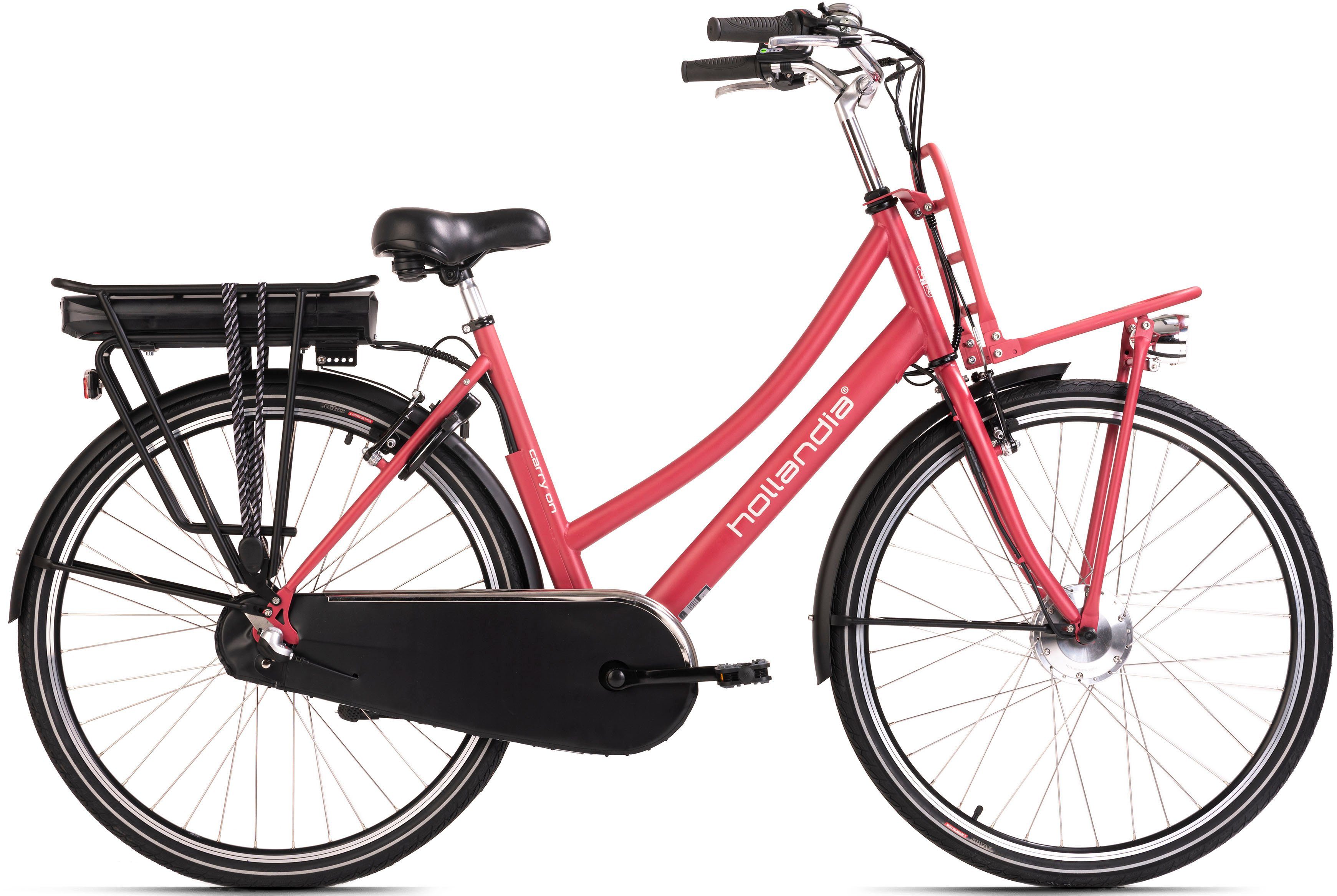 Hollandia E-Bike Carry On, 3 Gang Shimano Nexus Schaltwerk, Nabenschaltung, Frontmotor, 468 Wh Akku, Pedelec, Elektrofahrrad für Damen, Cityrad