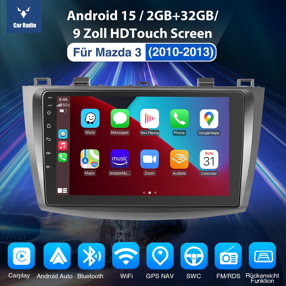 ESSGOO Für Mazda 3 BL 2010-2013 Android 15 USB Carplay NAVI Autoradio (RDS, Digitalradio (DAB), FM, AM, Carplay Android Auto GPS Navi WIFI BT SWC)