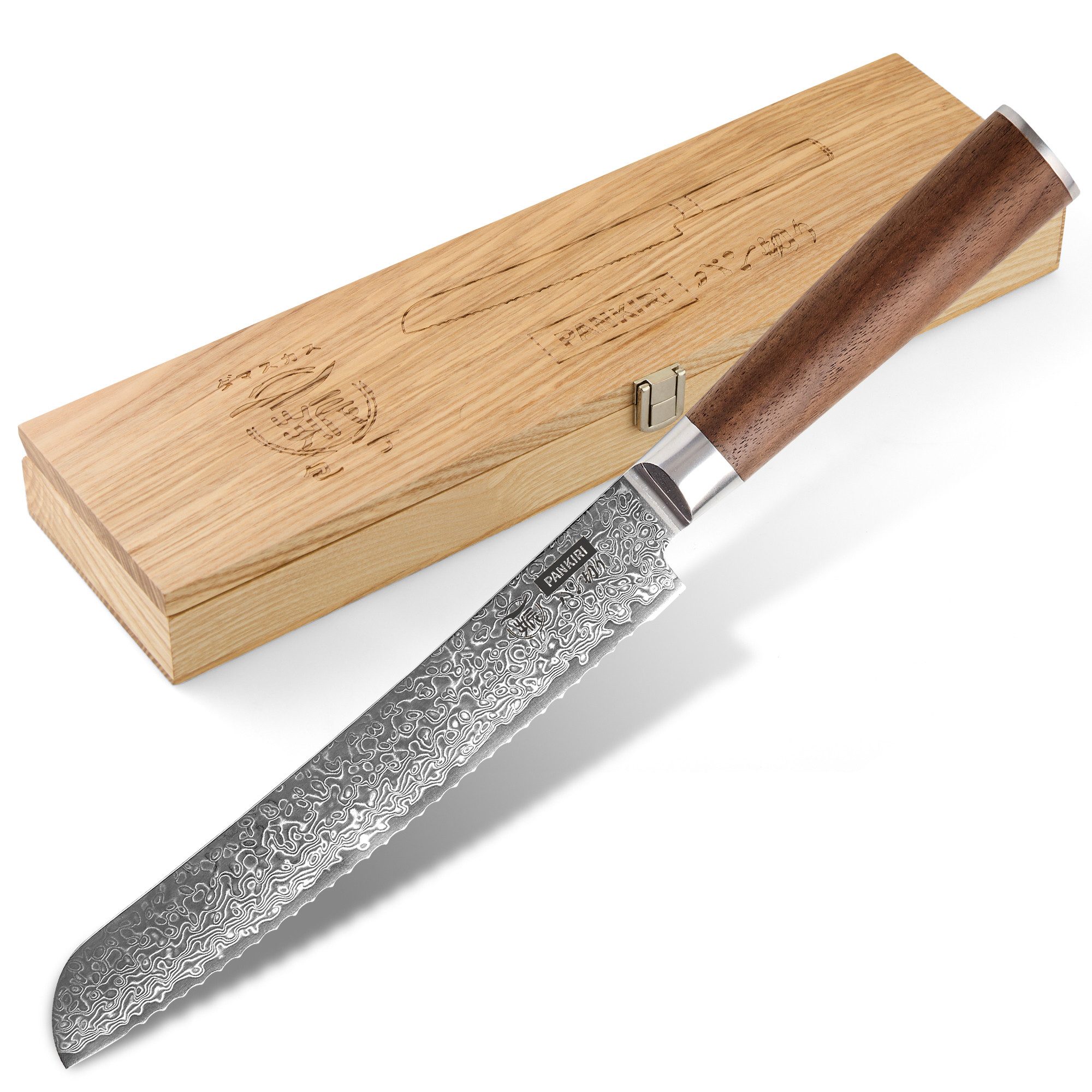 HITOFURI® Damastmesser HITOFURI® PANKIRI Damaskusmesser Brotmesser Premium Messer 73 Lagen, inkl. einer edlen Holzbox, Messerscheide, Pflegetuch sowie Pflegeöl