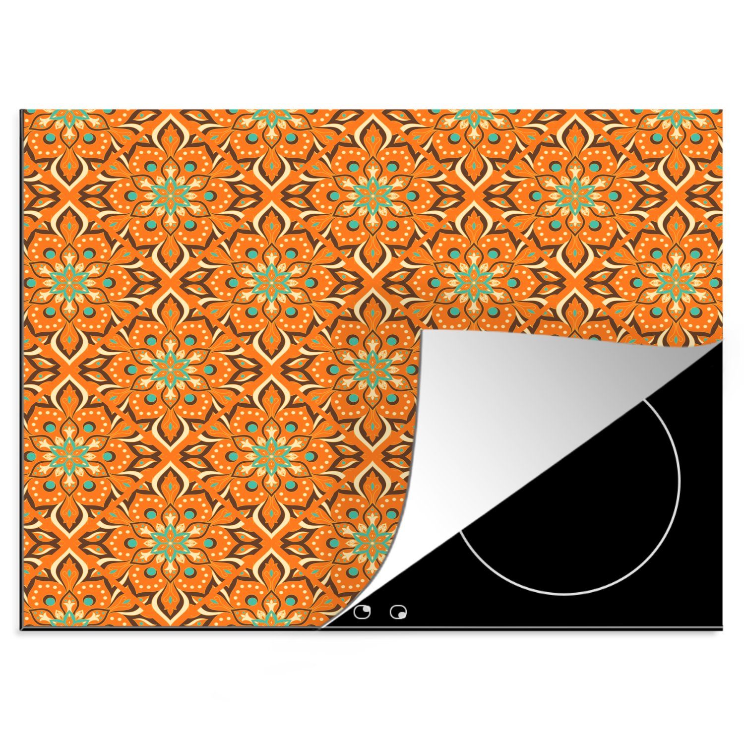 MuchoWow Herdblende-/Abdeckplatte Orange - Mandala - Design - Bohème - Vintage, Vinyl, (1 tlg), 60x52 cm, Mobile Arbeitsfläche nutzbar, Ceranfeldabdeckung | Herdabdeckplatten