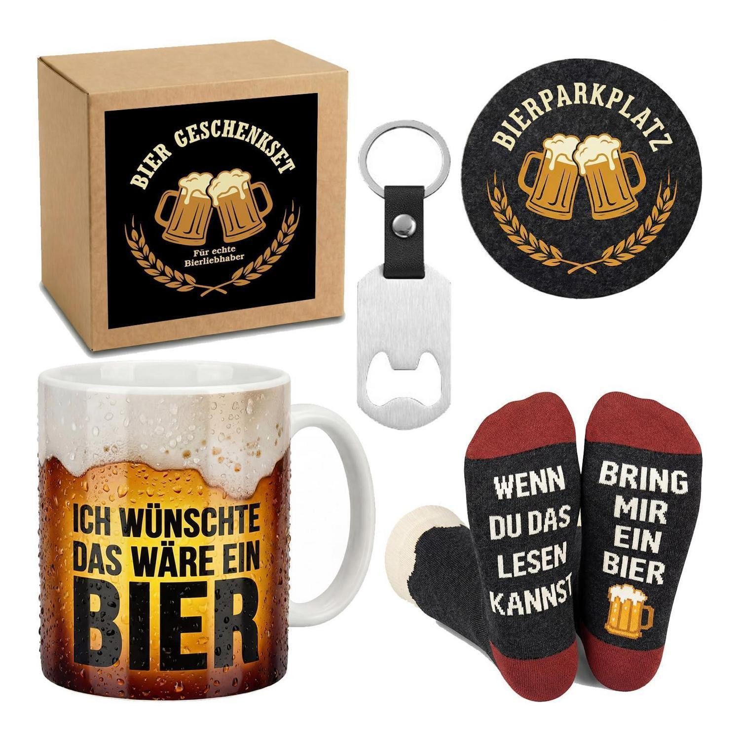 LuxusKollektion Geschenkbox Bier Geschenkset mit Glas, Socken, Flaschenöffner