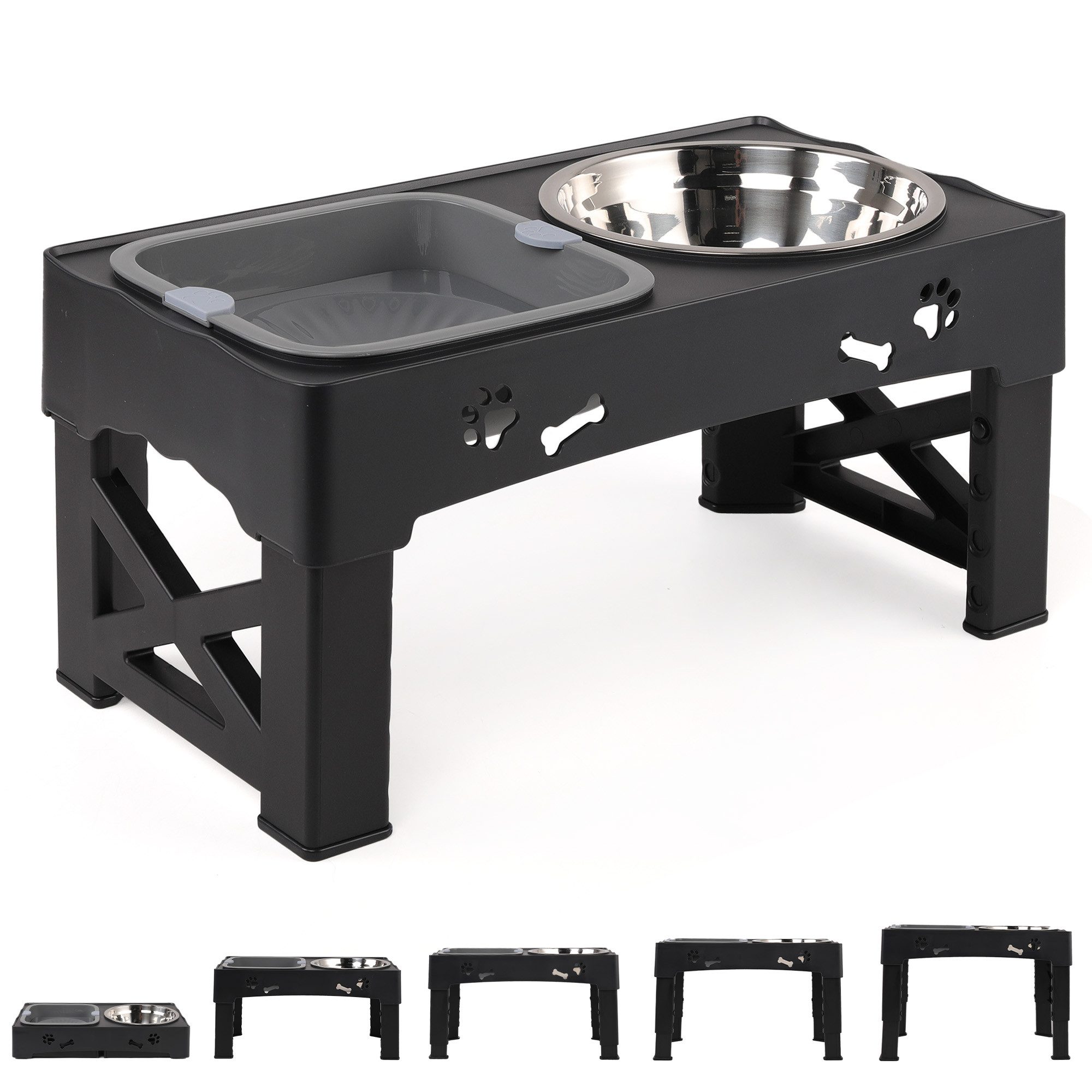 CALIYO Кормnapf Adjustable Elevated Dog Bowls Raised Dog Bowl 5 Heights, Edelstahl, 2-in-1 Auslaufsicherer Wassernapf und Edelstahl-Futternapf