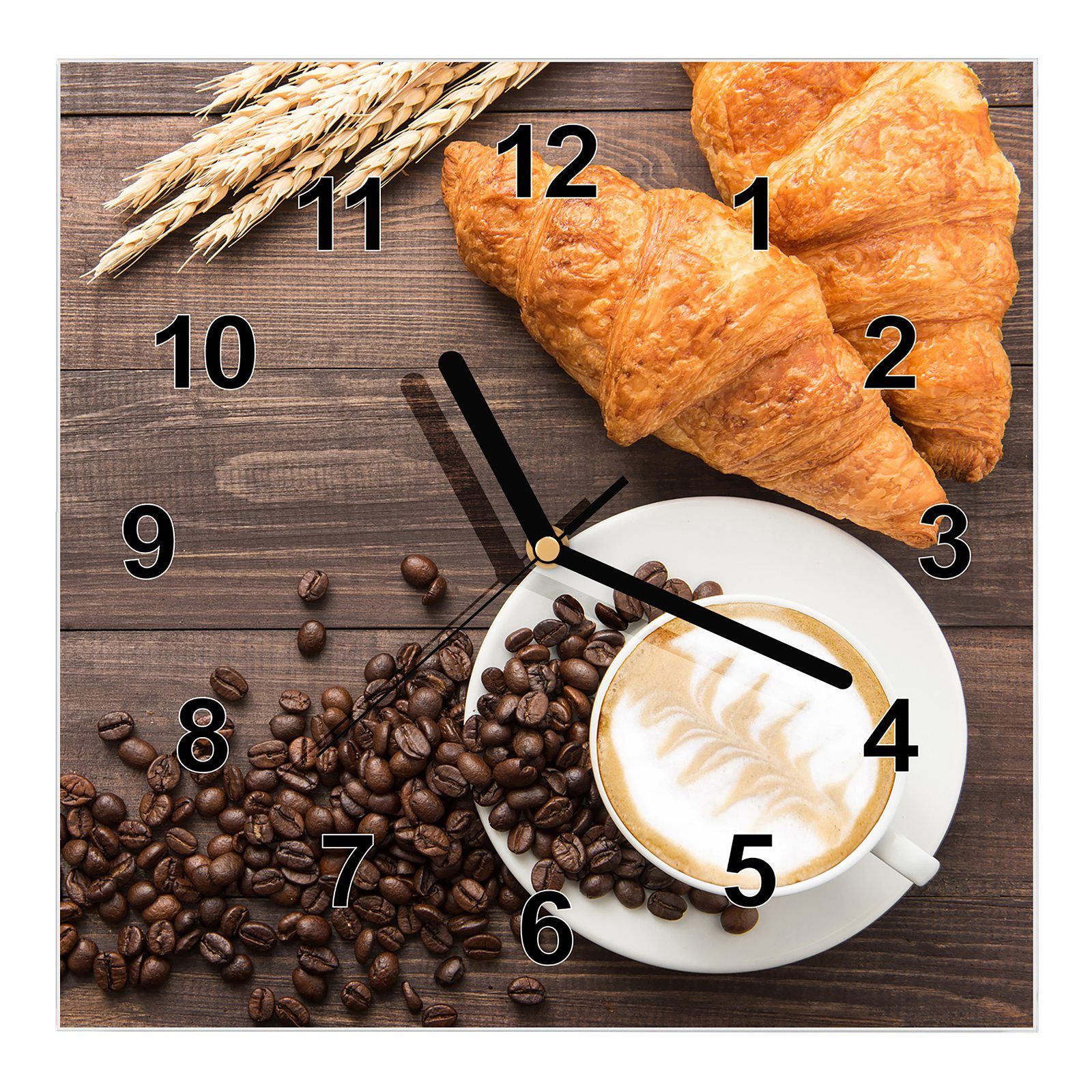 x Wanduhr Glasuhr 30 Motiv Kaffee cm Wanduhr Größe mit und Wandkunst Primedeco 30 Croissant
