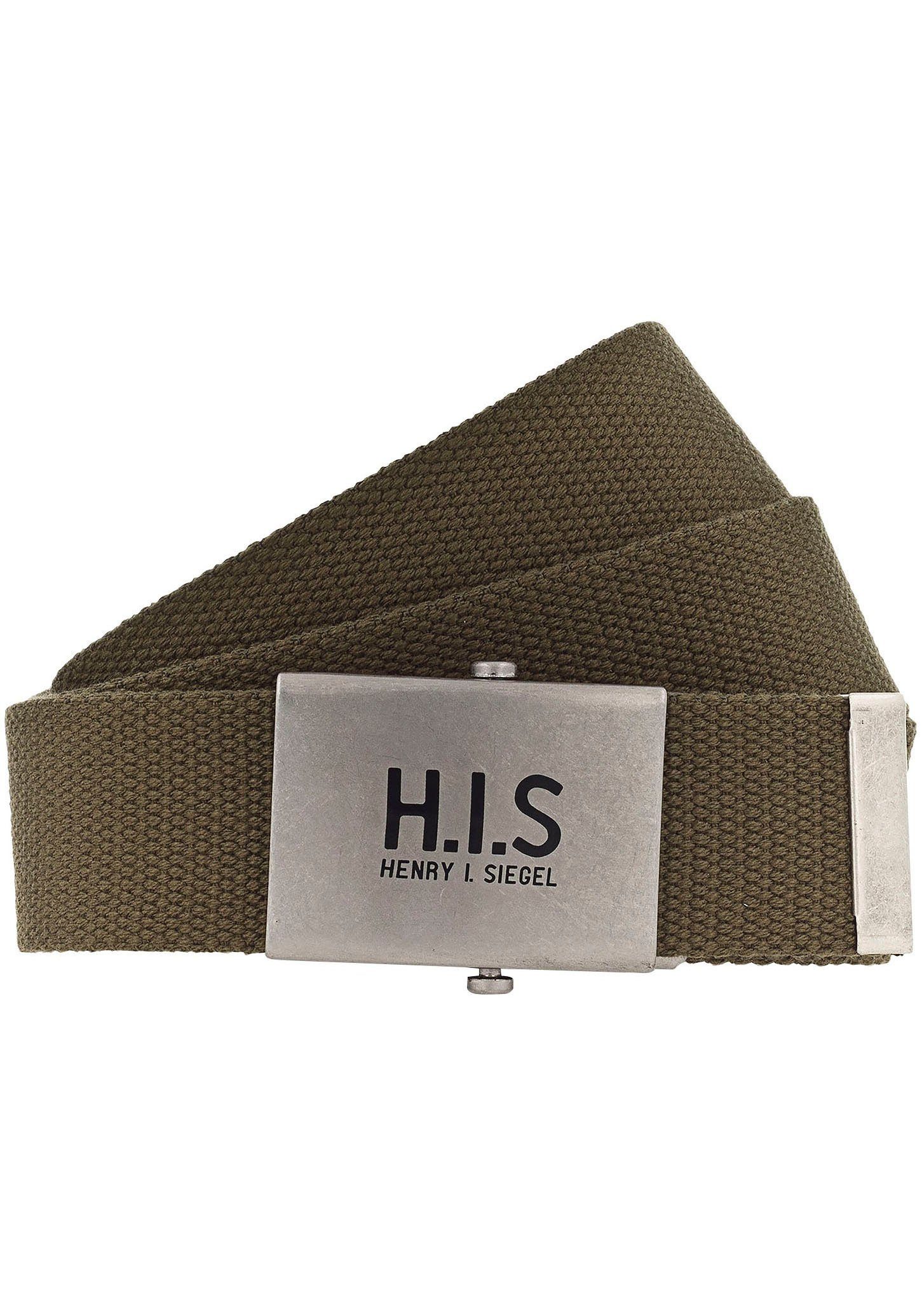H.I.S Stoffgürtel auf olive Koppelschließe Logo H.I.S der mit Bandgürtel