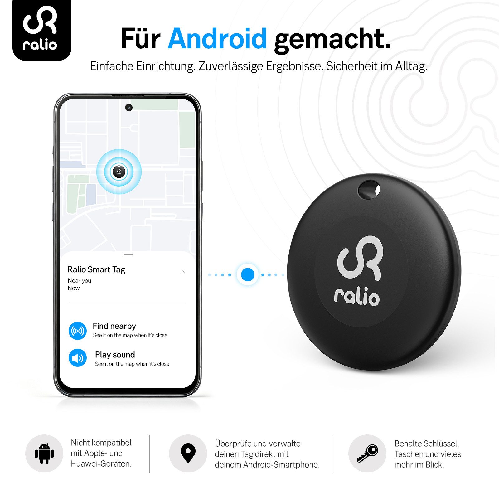 Ralio Bluetooth Tracker Android, kompatibel mit Google „Mein Gerät finden“ GPS-Tracker (Smart Tag ohne Abo, für Schlüssel, Geldbörse, Tasche, Rucksack,Fahrrad)
