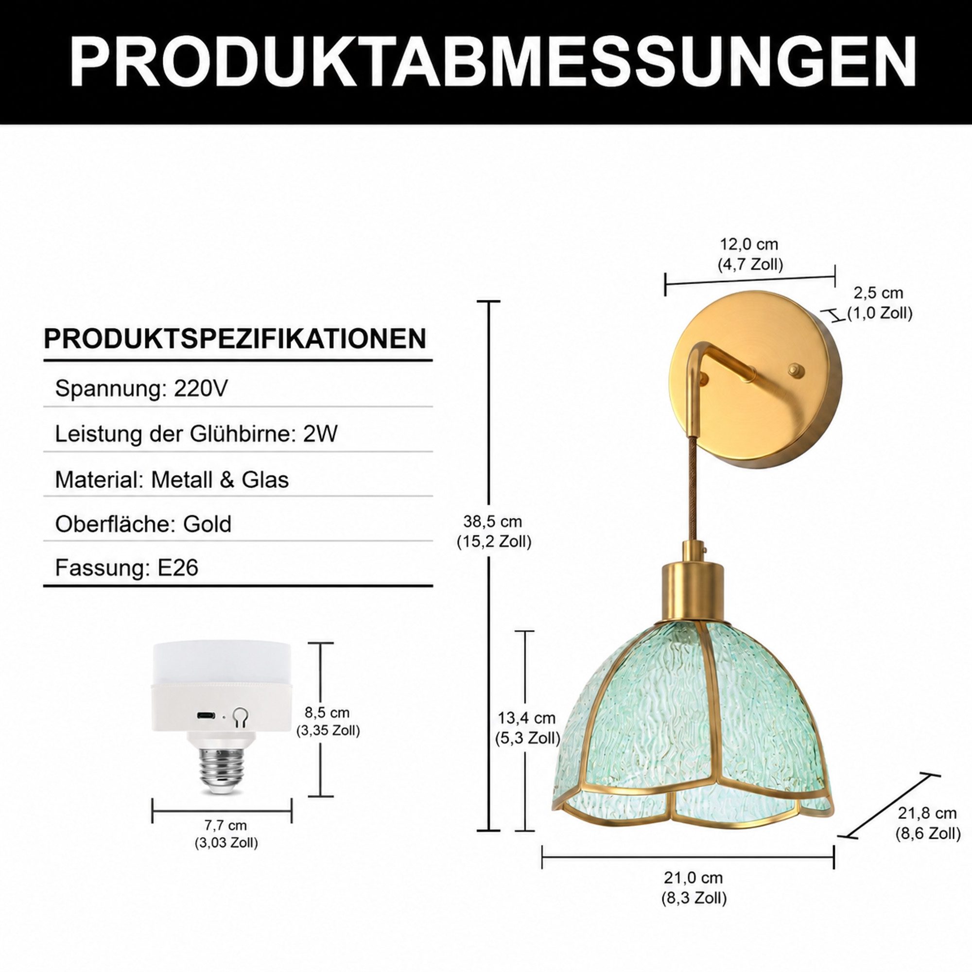LOHAS-LED Wandleuchte 2er-Set kabellose Akku-Wandleuchten mit grünem Glas-Domschirm, LED wechselbar, E26 RGBCW dimmbar, per Fernbedienung steuerbar