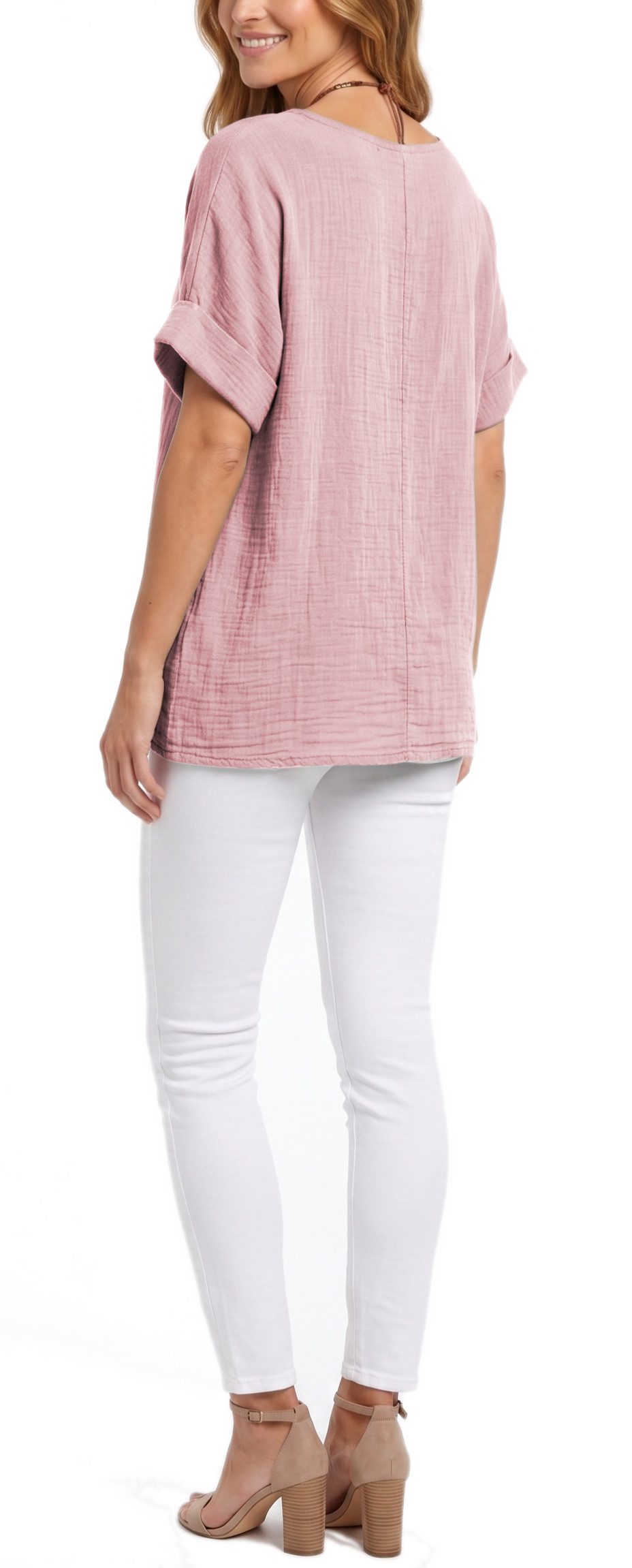 dy_mode Kurzarmbluse Damen Kurzarm Bluse Leichte Sommer Tunika Baumwollbluse Oberteil in Unifarbe, mit passende Kette