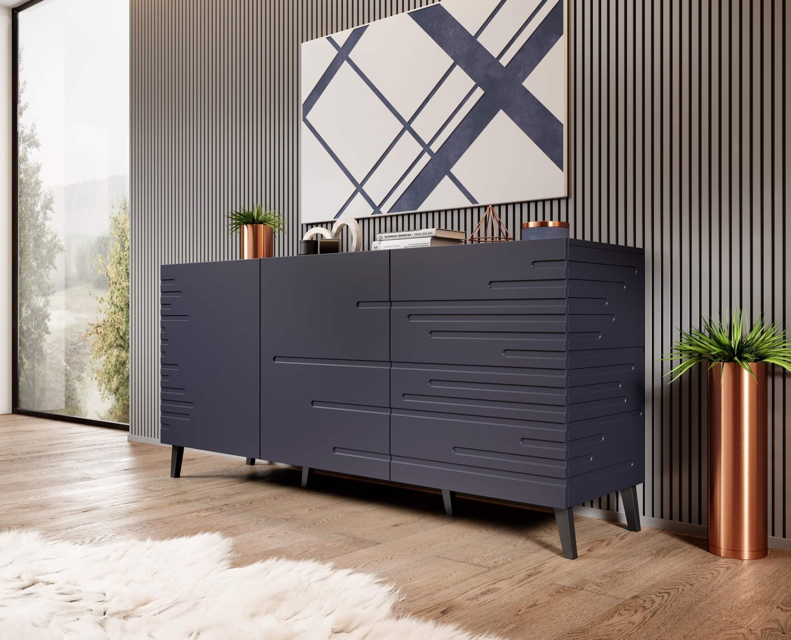 Furnix Sideboard NEVILLA Kommode mit drei Flügeltüren und Zierfüßen, B155x H72 x T38 cm Dunkelblau matt