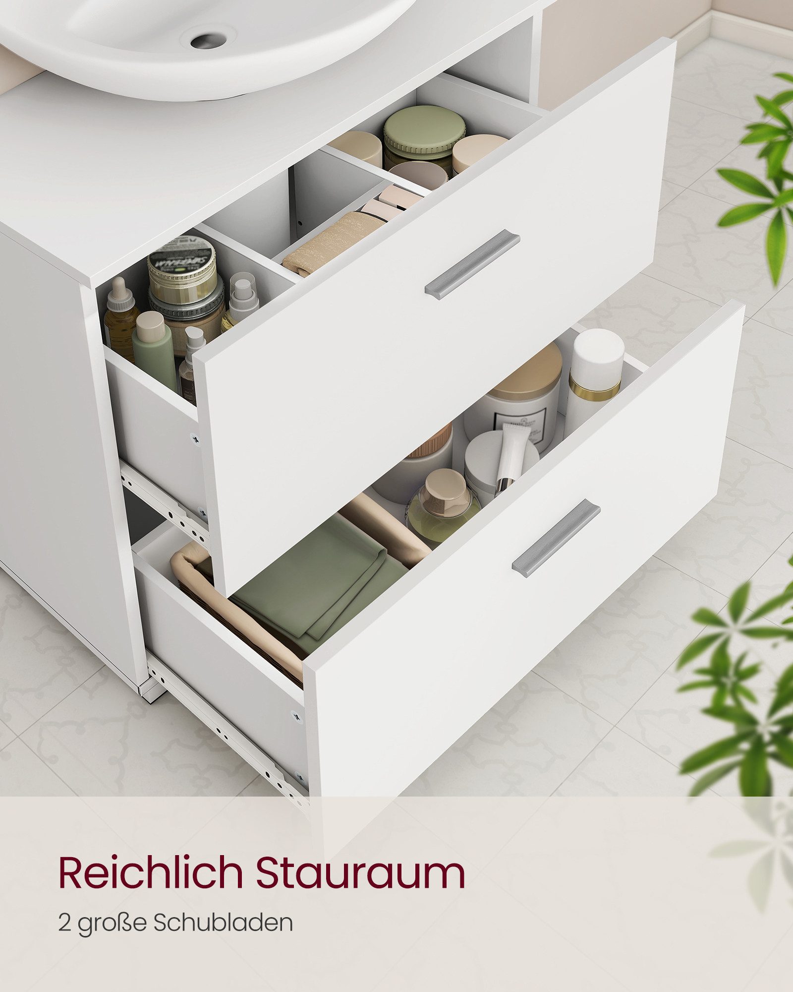 VASAGLE Waschbeckenunterschrank mit 2 großen Schubladen, Badezimmerschrank, hohe Füße, 30 x 60 x 63,8