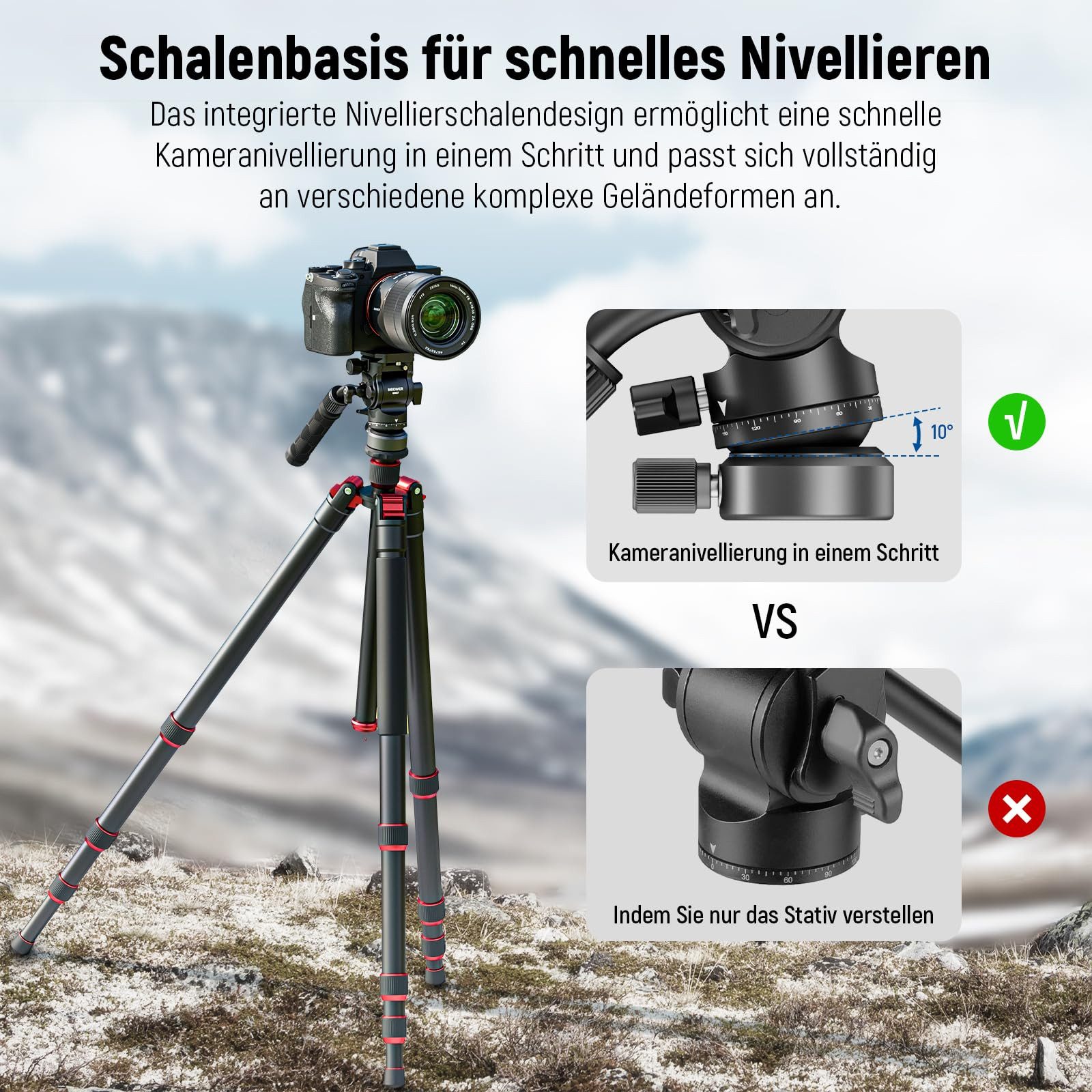 Neewer Fluid-Video-Neiger GM27 Fluidkopf für Videostativ, mit +/-10° Nivellierbasis (37mm), mit Arca Schnellwechselplatte, Metall Stativkopf für Videokameras DSL