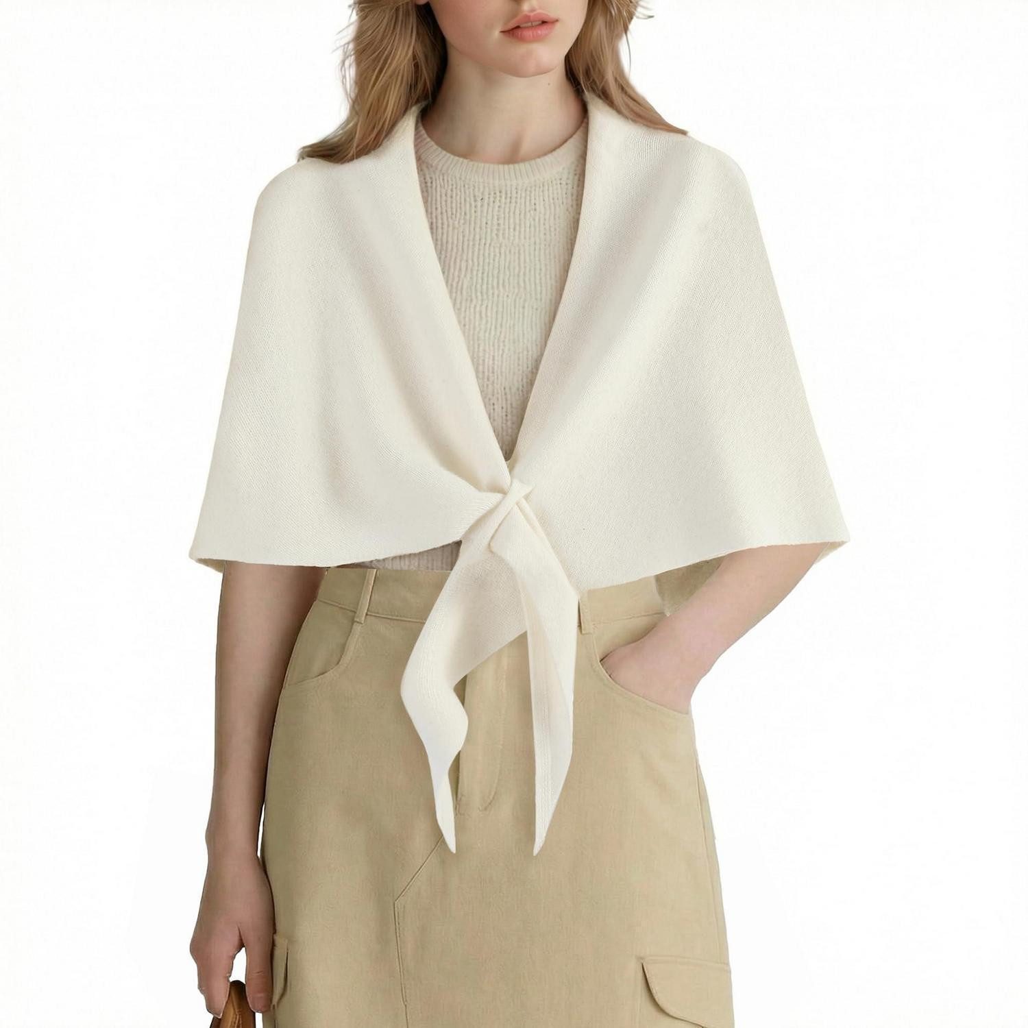 LuxusKollektion Poncho Schal Damen Merinowolle Dreieckstuch Weiß 185x70 (1-St)